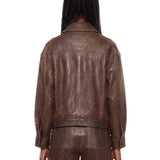 Giacca in pelle con dettagli floreali in marrone 