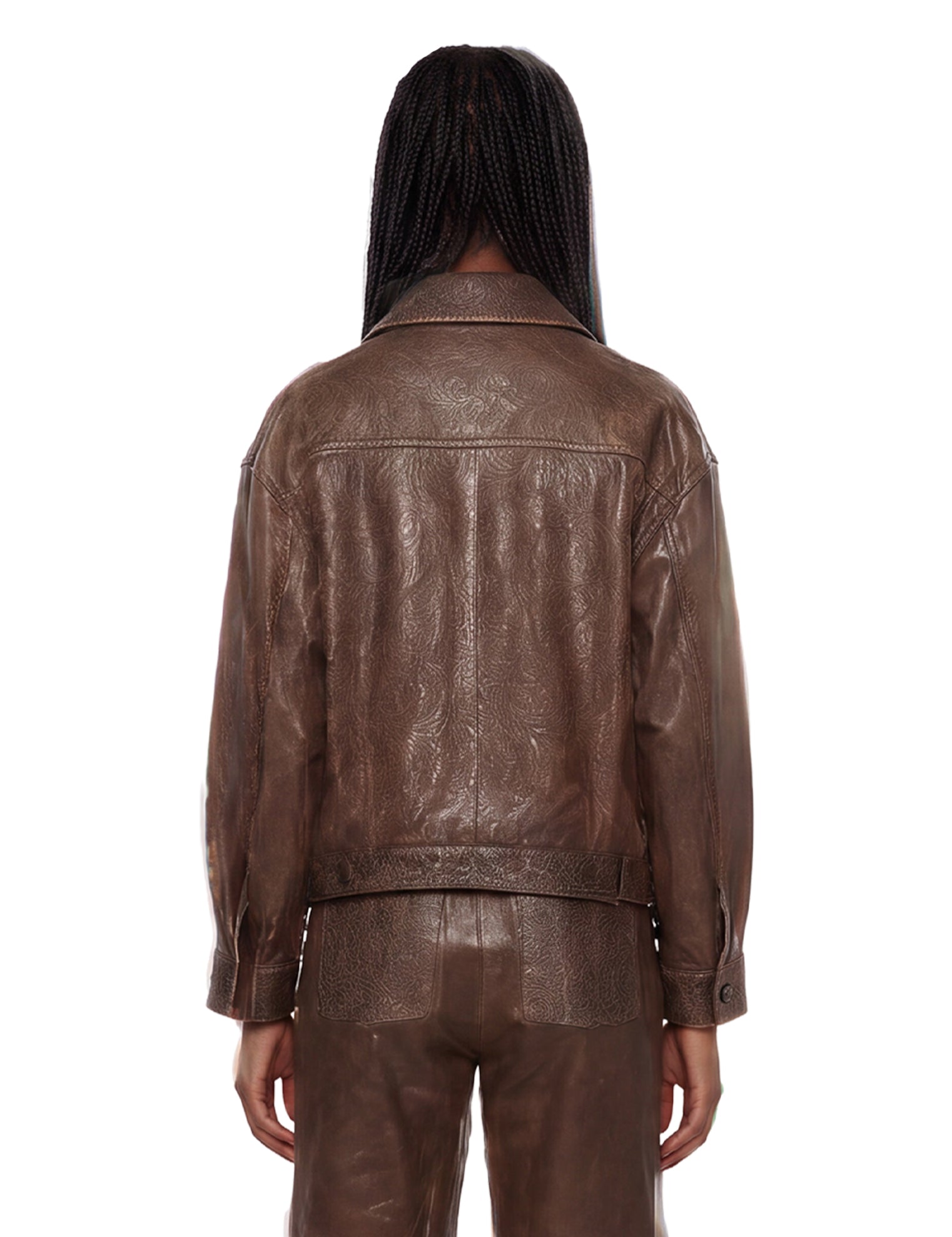 Giacca in pelle con dettagli floreali in marrone 