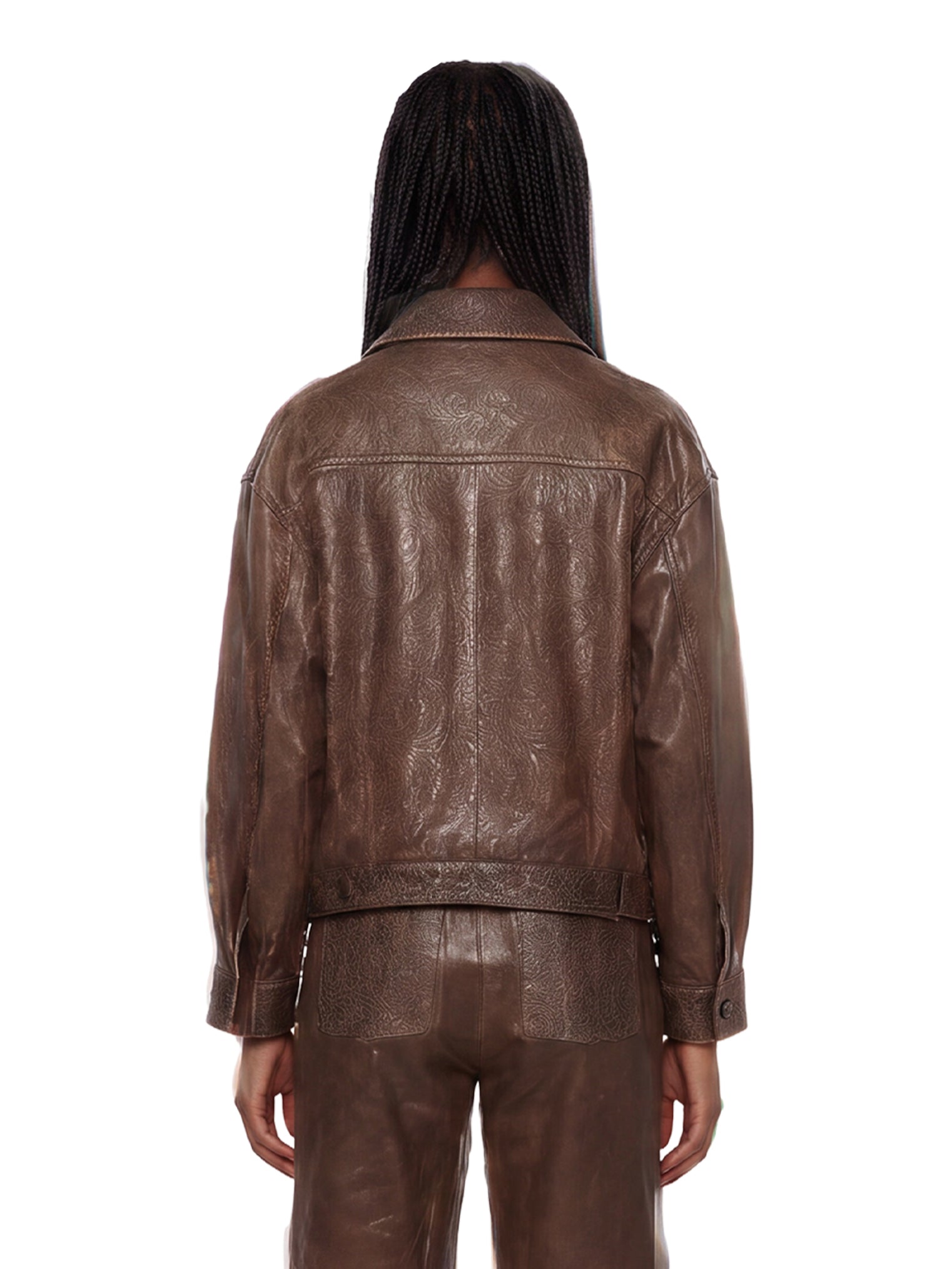 Giacca in pelle con dettagli floreali in marrone 