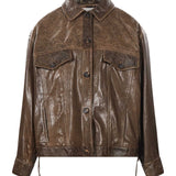 Giacca in pelle con dettagli floreali in marrone 