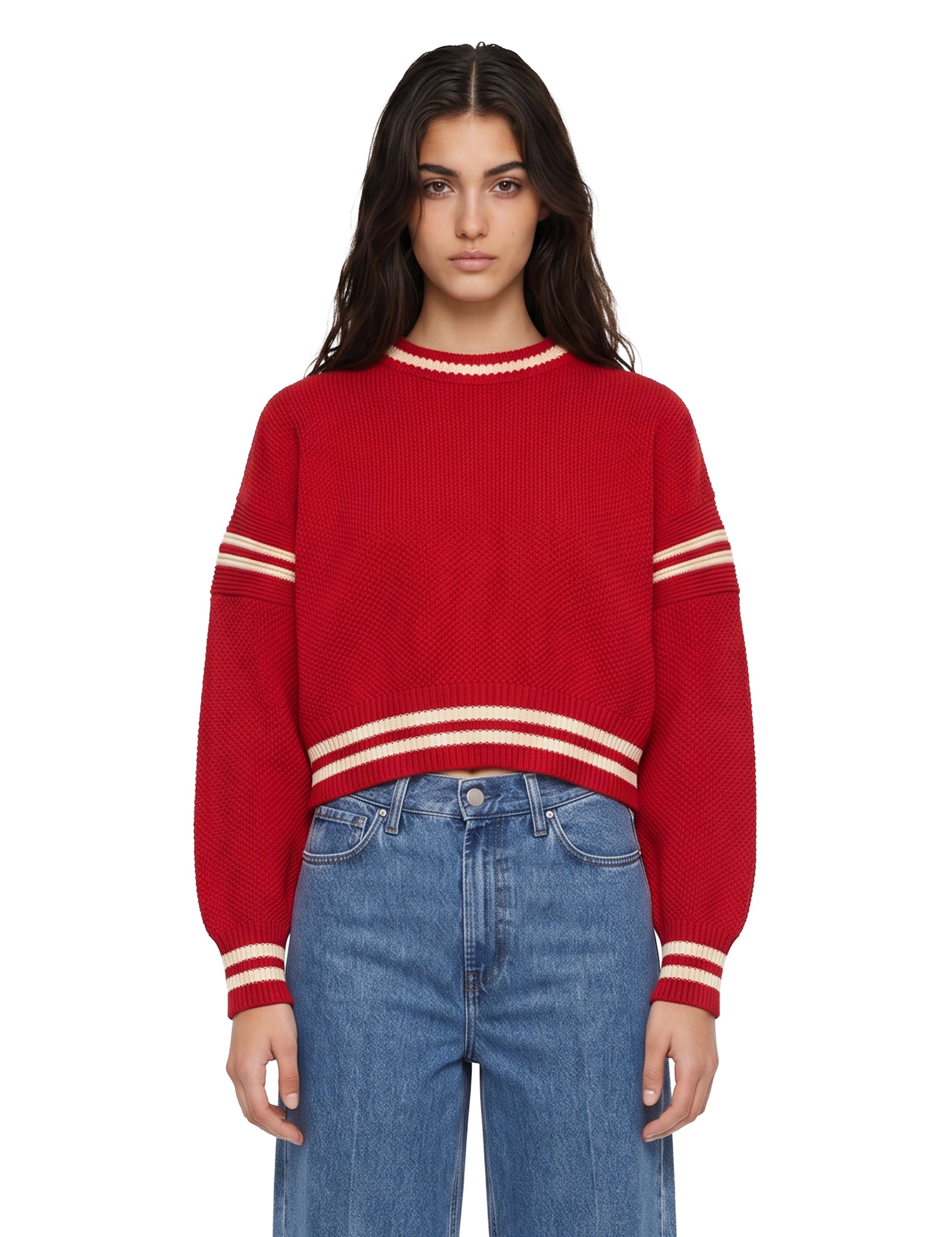 Maglione in lana con stelle ricamate in rosso 