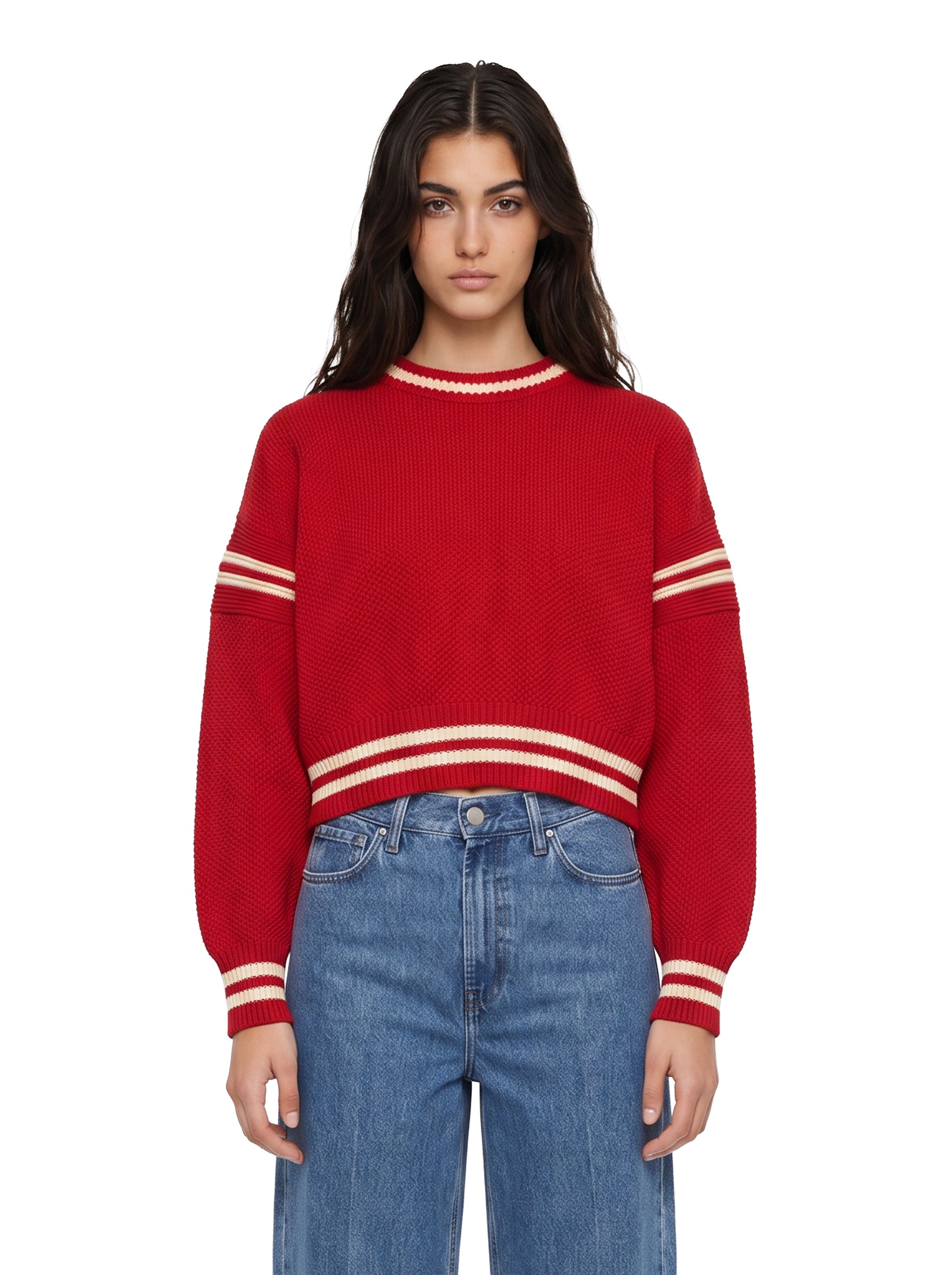 Maglione in lana con stelle ricamate in rosso 