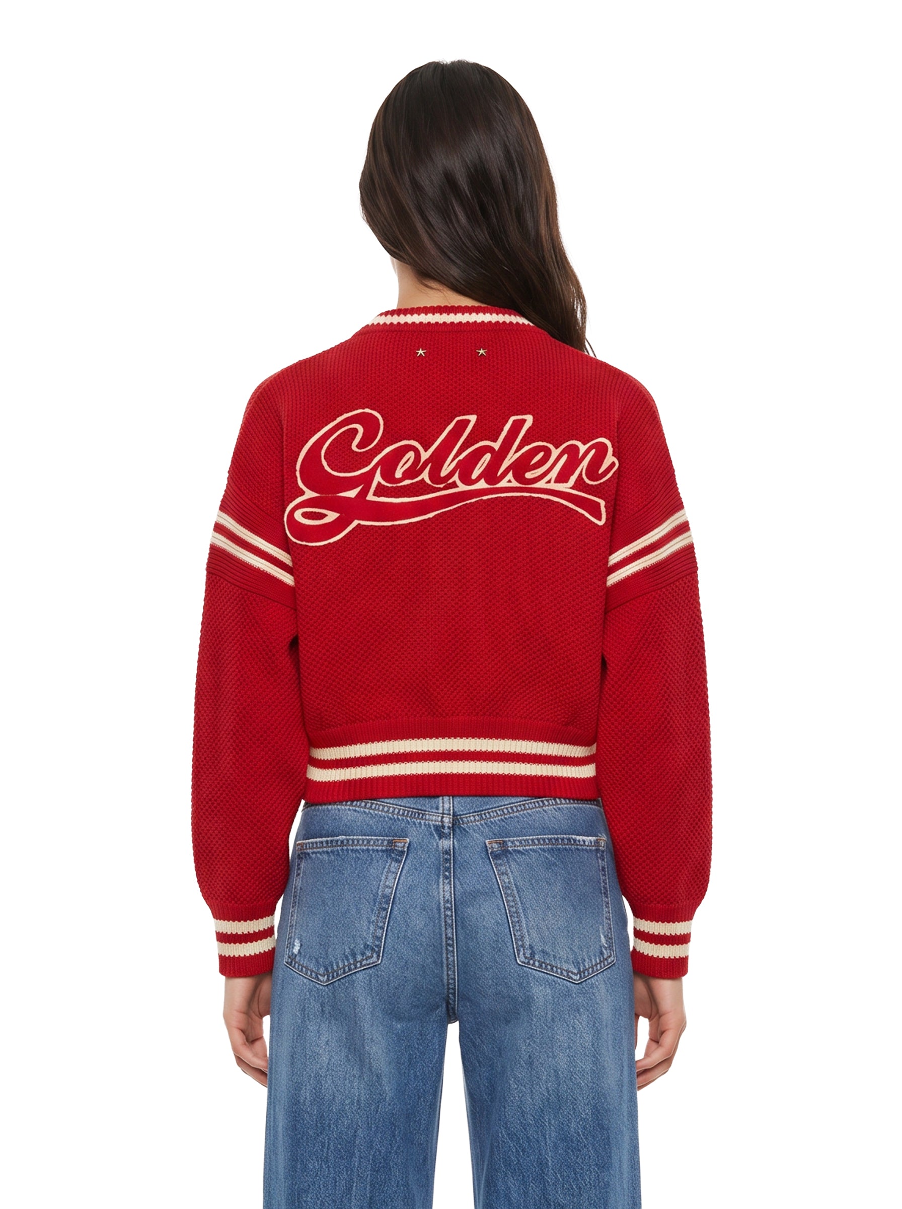Maglione in lana con stelle ricamate in rosso 