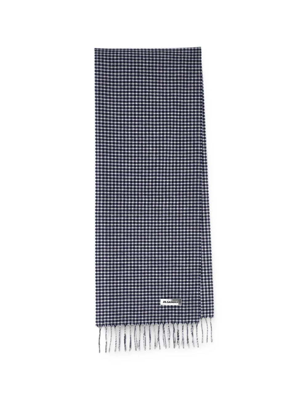 Sciarpa a quadri con patch logo e frange in blu 