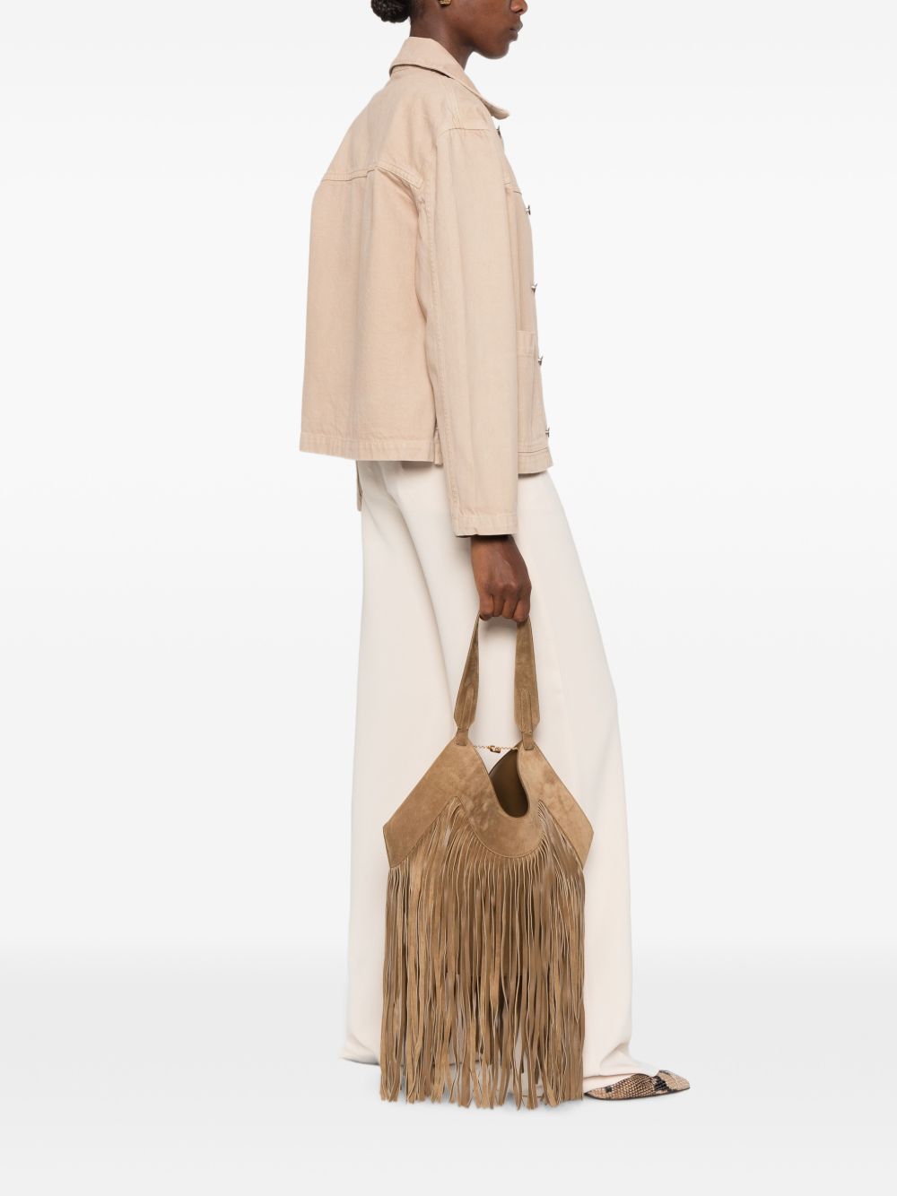 Borsa Lotus con frange in beige 