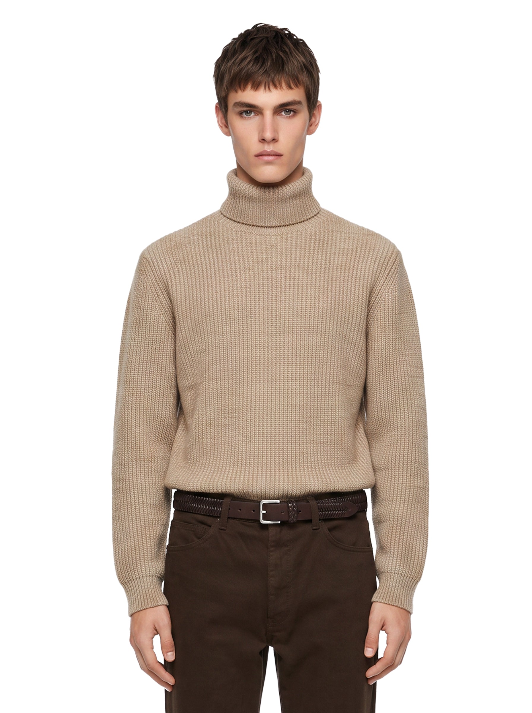 Maglione a collo alto a coste in beige 