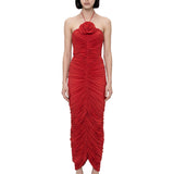Abito lungo con ruches in rosso 