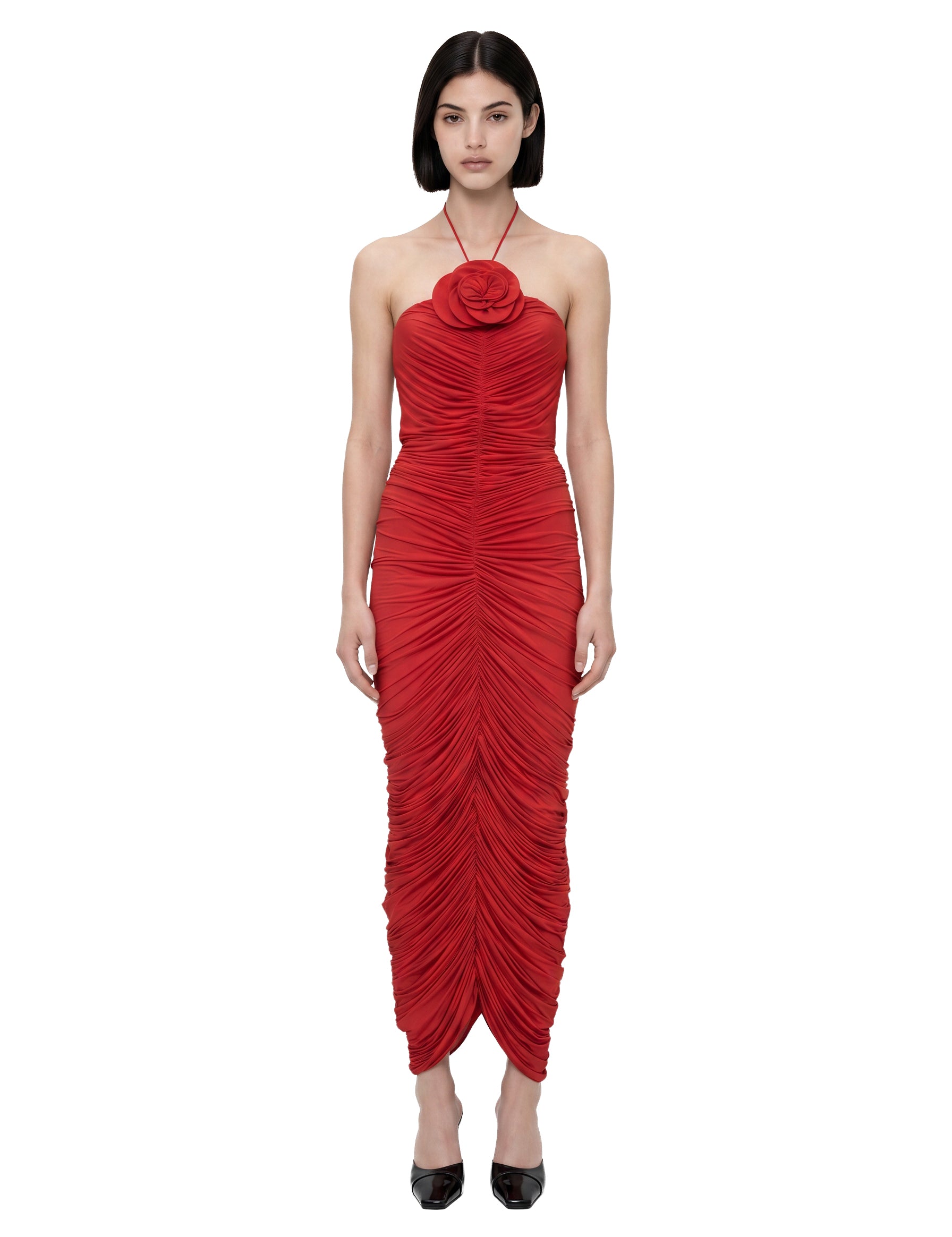Abito lungo con ruches in rosso 