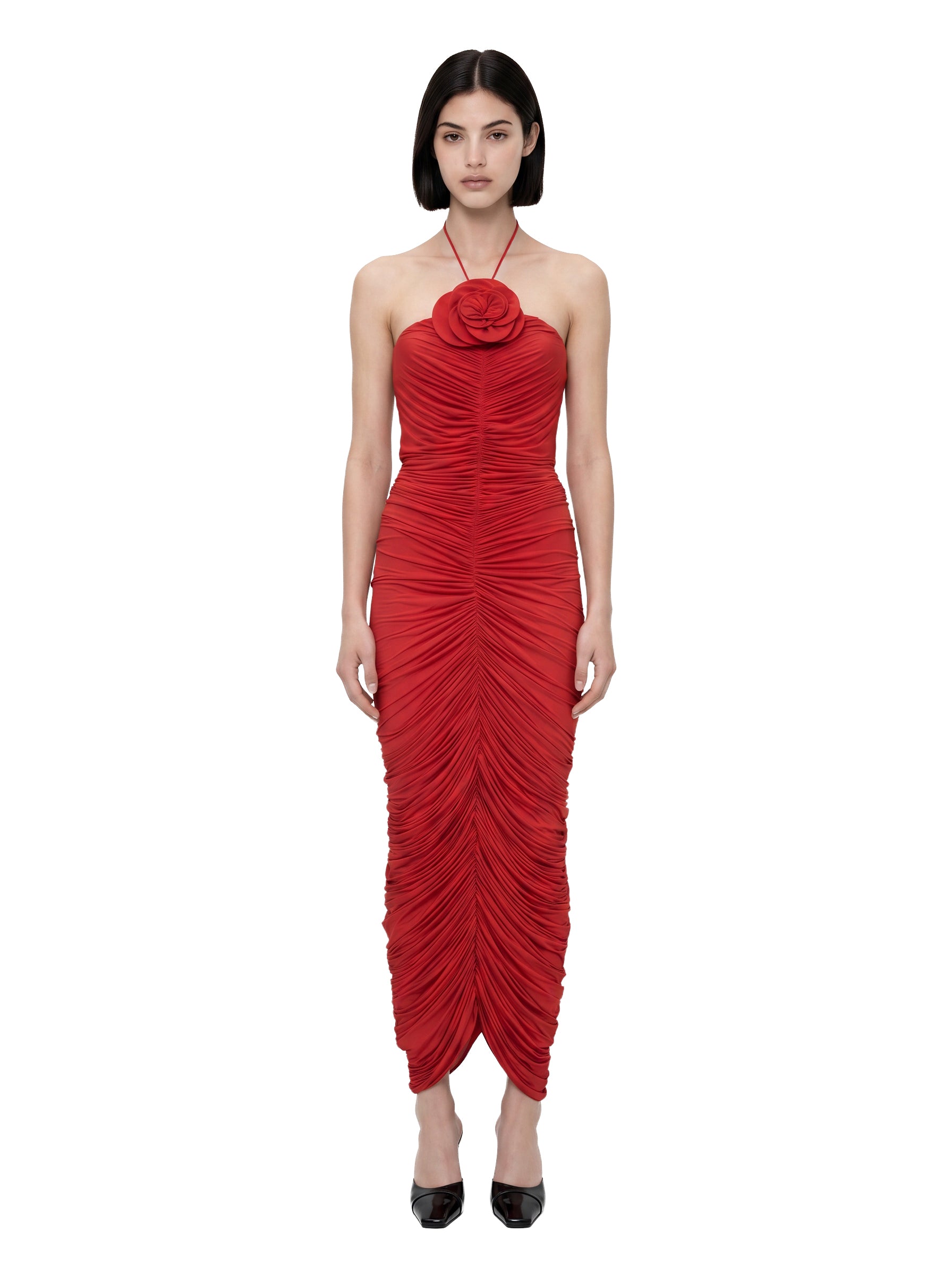 Abito lungo con ruches in rosso 