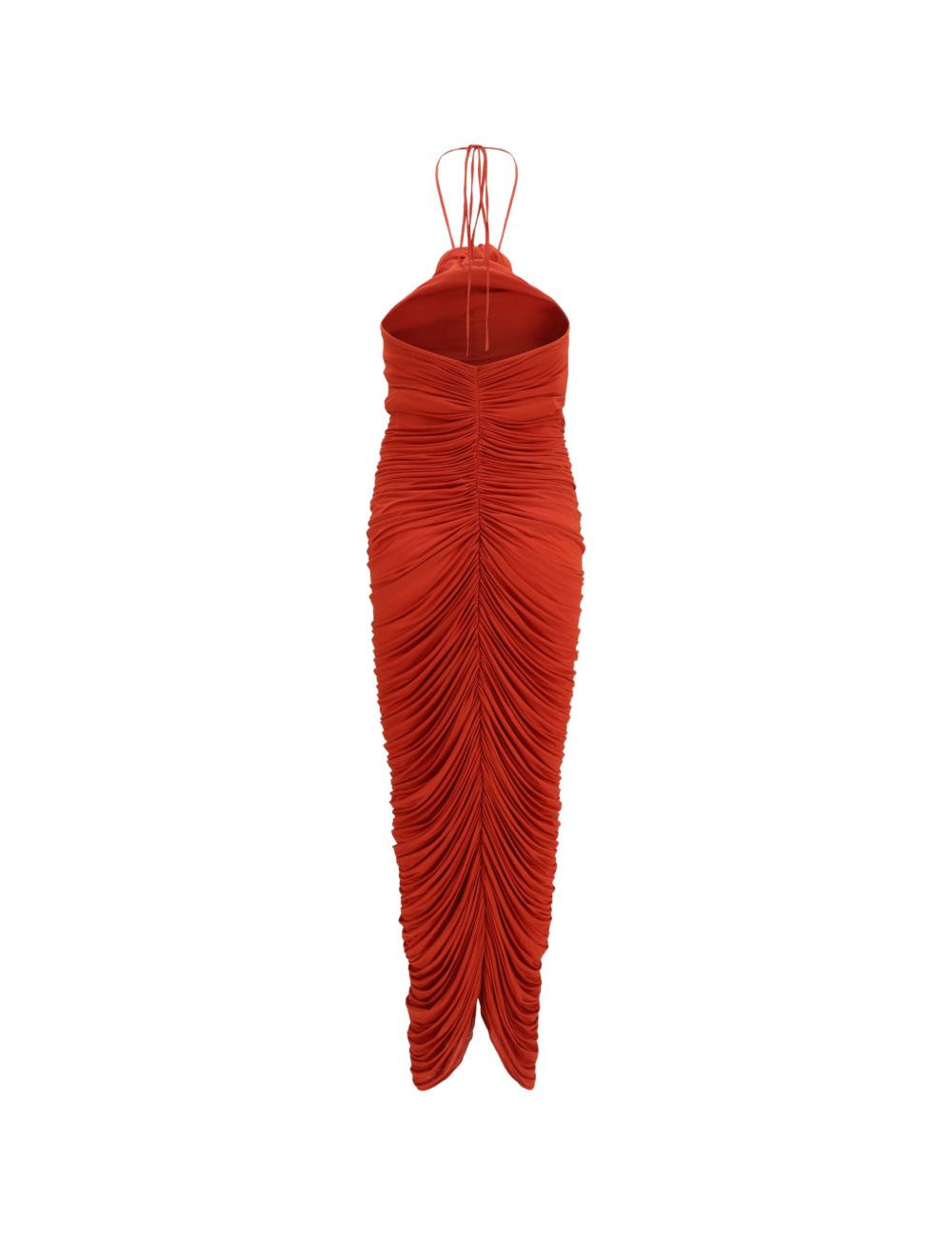 Abito lungo con ruches e dettaglio a fiore in rosso 