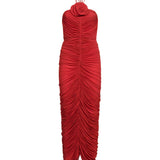 Abito lungo con ruches in rosso 