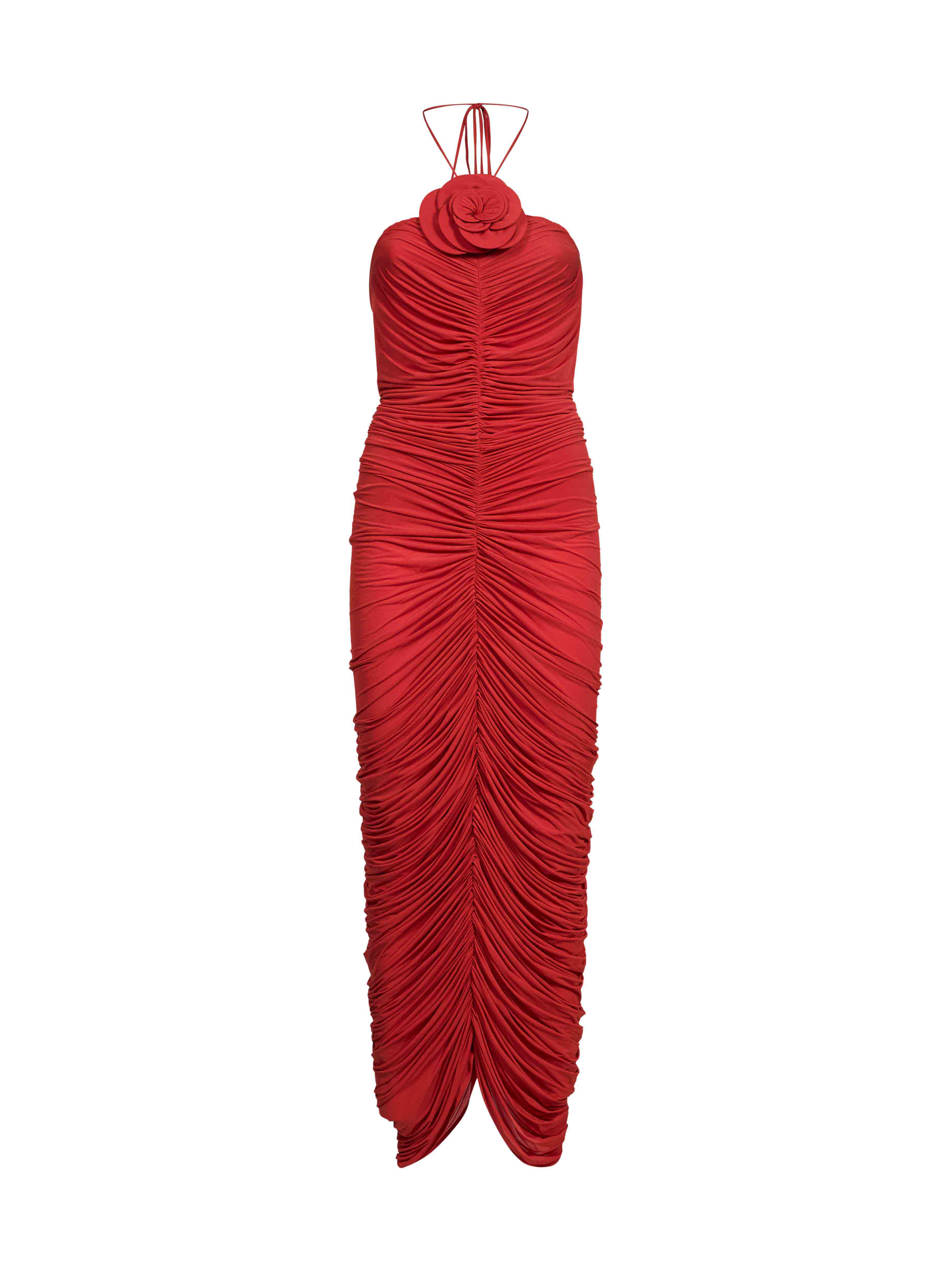 Abito lungo con ruches in rosso 
