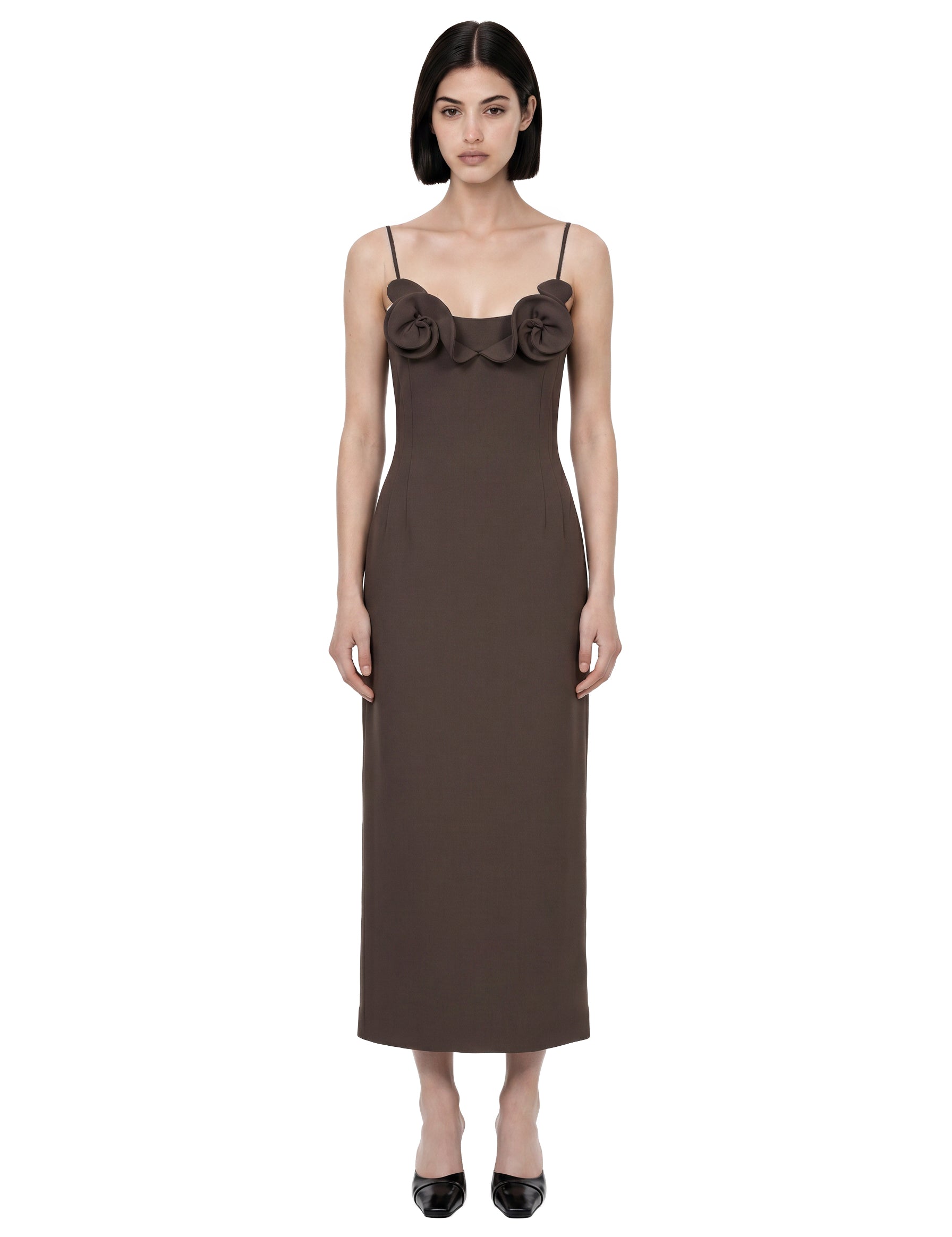 Abito midi con applicazioni floreali in marrone 