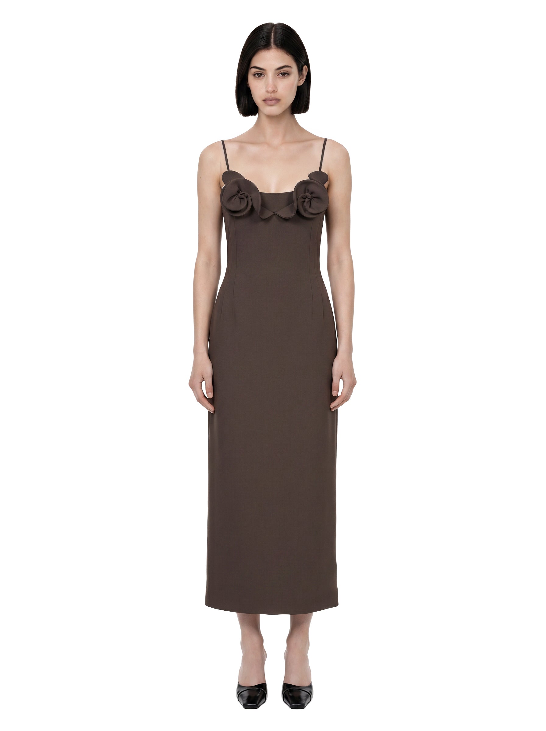 Abito midi con applicazioni floreali in marrone 