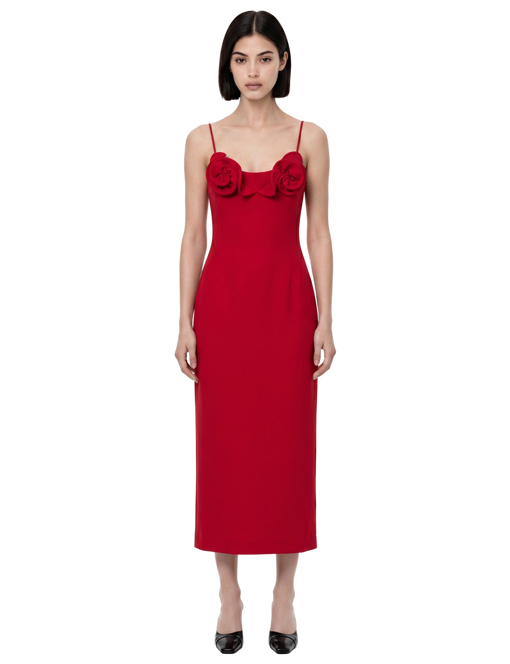 Abito midi con applicazioni a fiori in rosso 