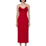 Abito midi con applicazioni a fiori in rosso 