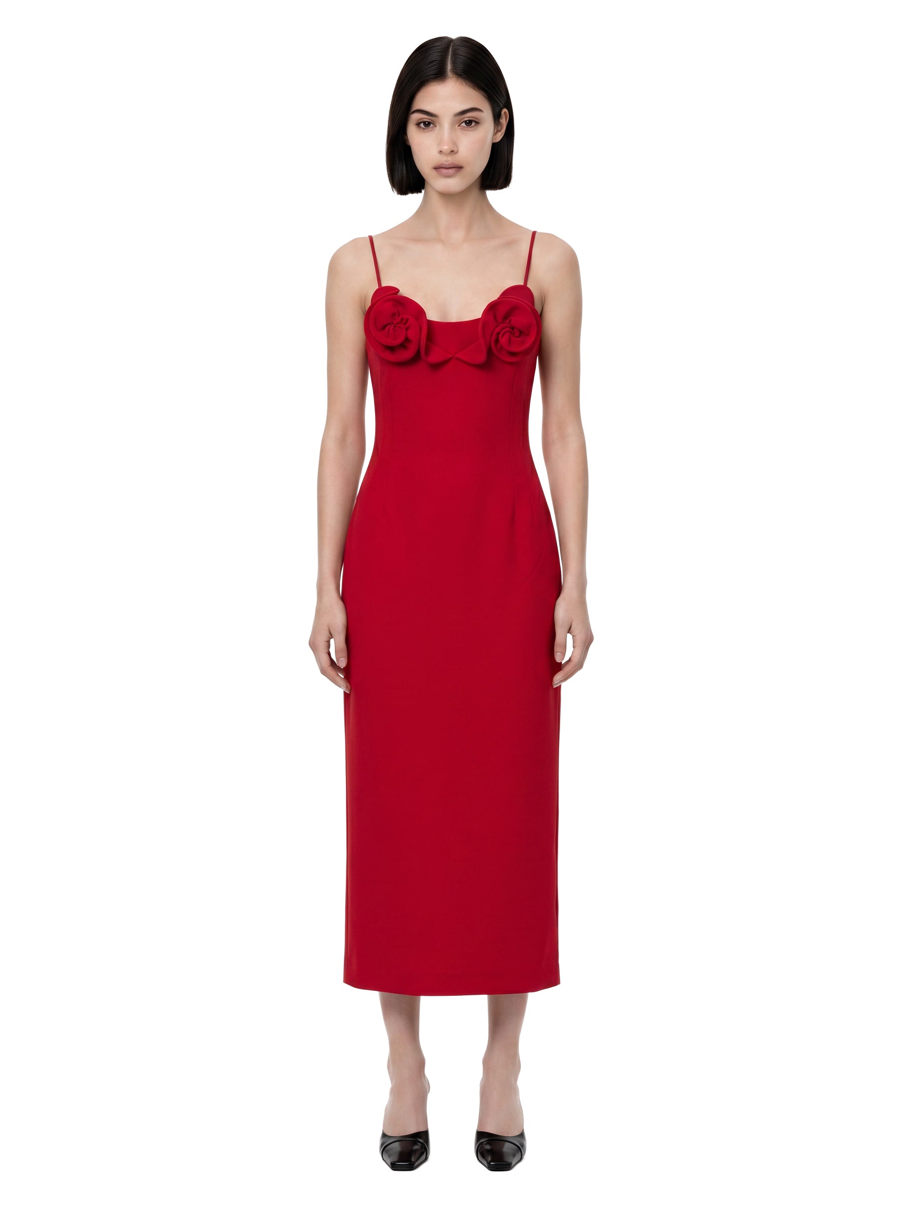 Abito midi con applicazioni a fiori in rosso 