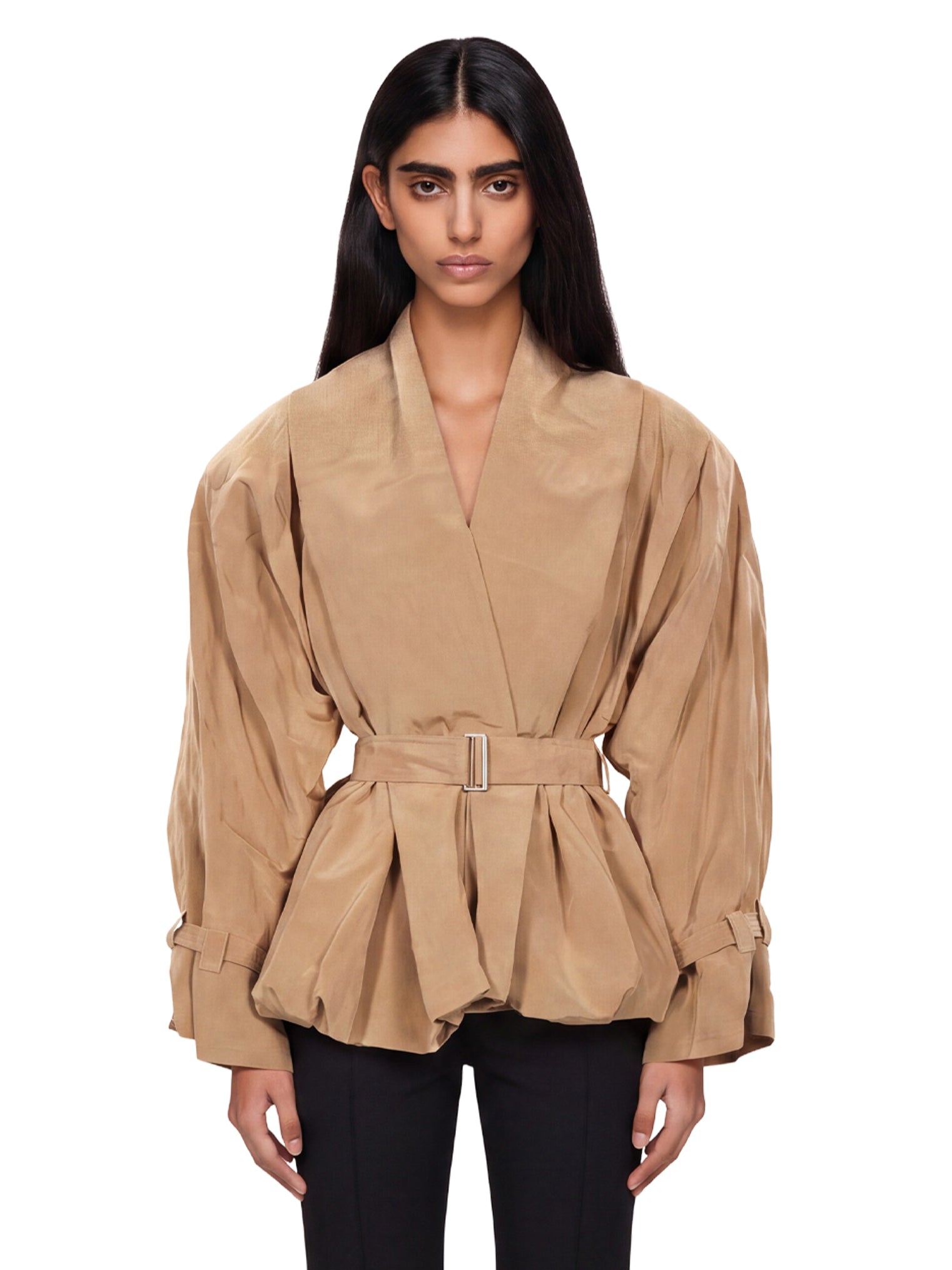 Giacca in tessuto tecnico con cintura in beige 