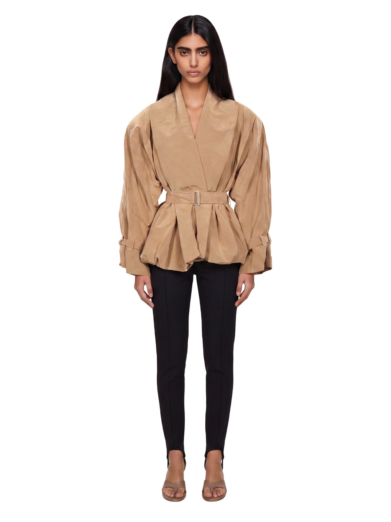 Giacca in tessuto tecnico con cintura in beige 