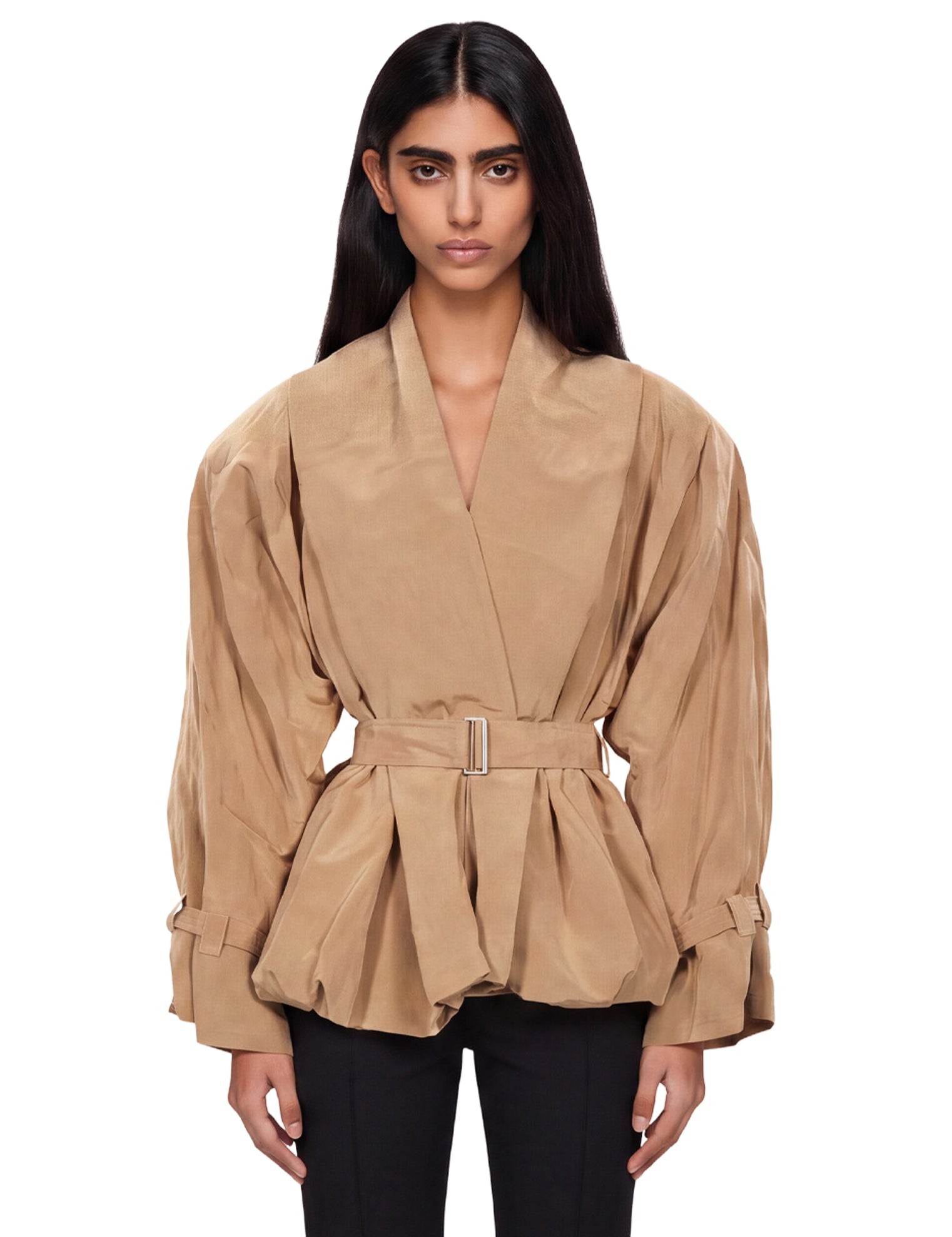 Giacca in tessuto tecnico con cintura in beige 