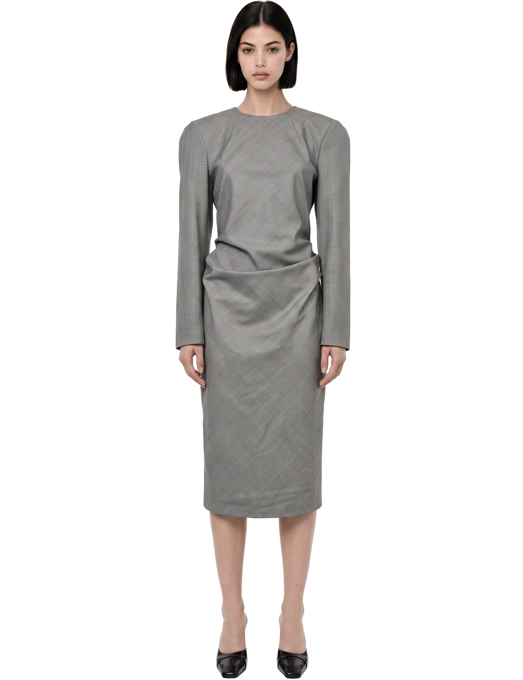 Abito midi arricciato con fiocco in grigio 