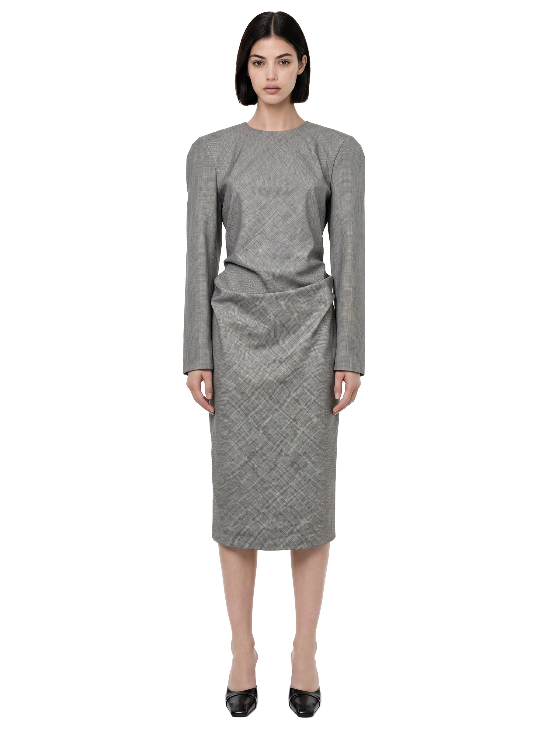Abito midi arricciato con fiocco in grigio 