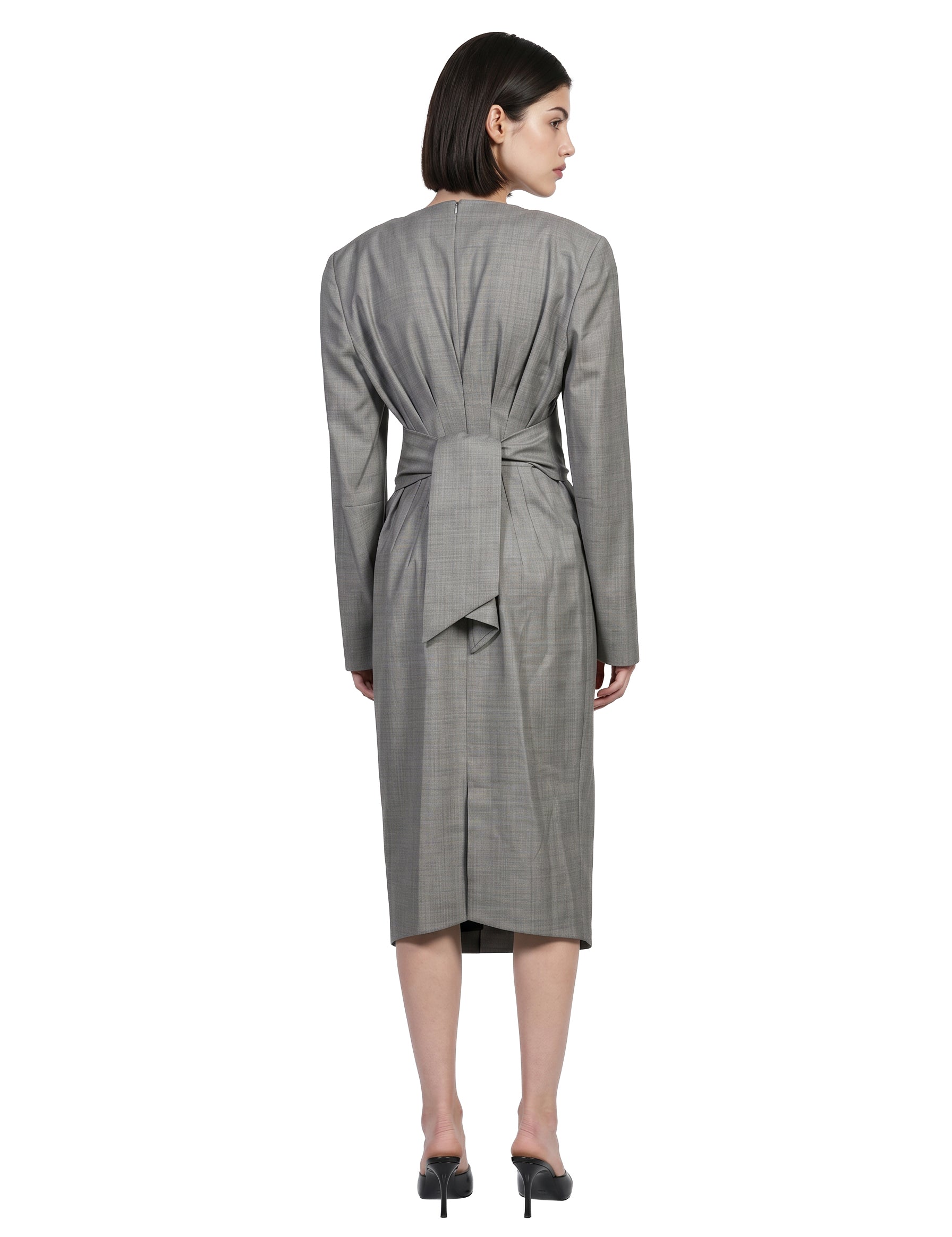 Abito midi arricciato con fiocco in grigio 
