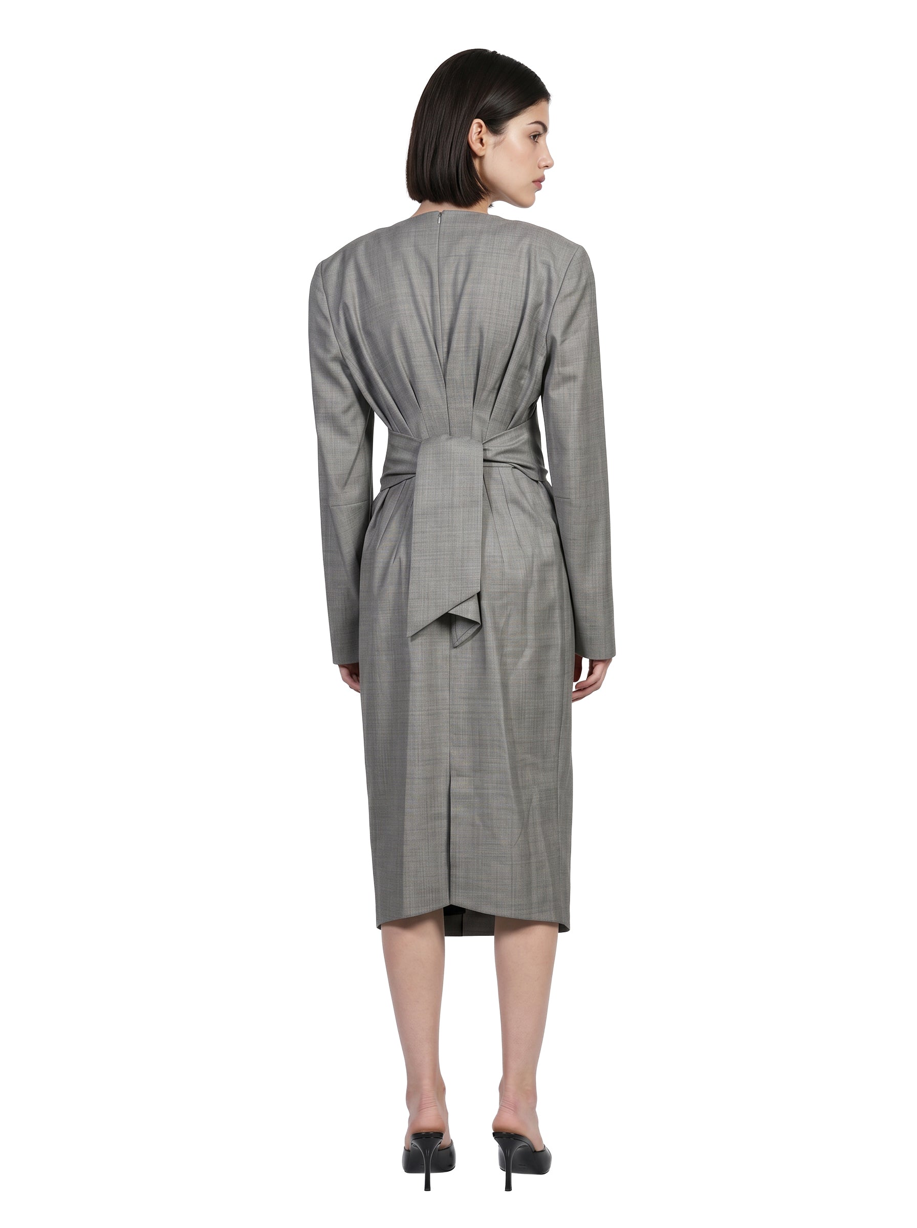 Abito midi arricciato con fiocco in grigio 