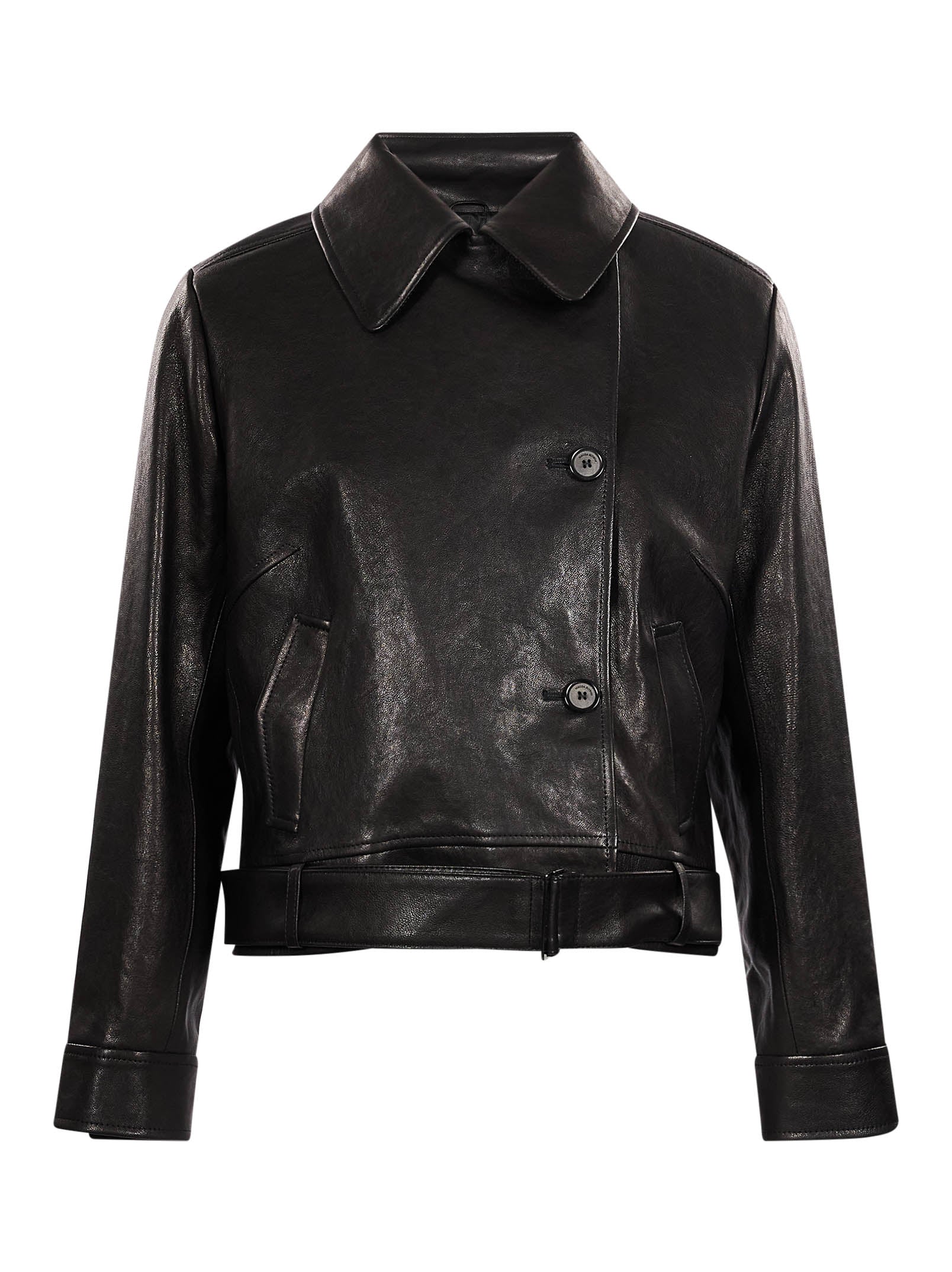 Giacca in pelle con cintura in nero 