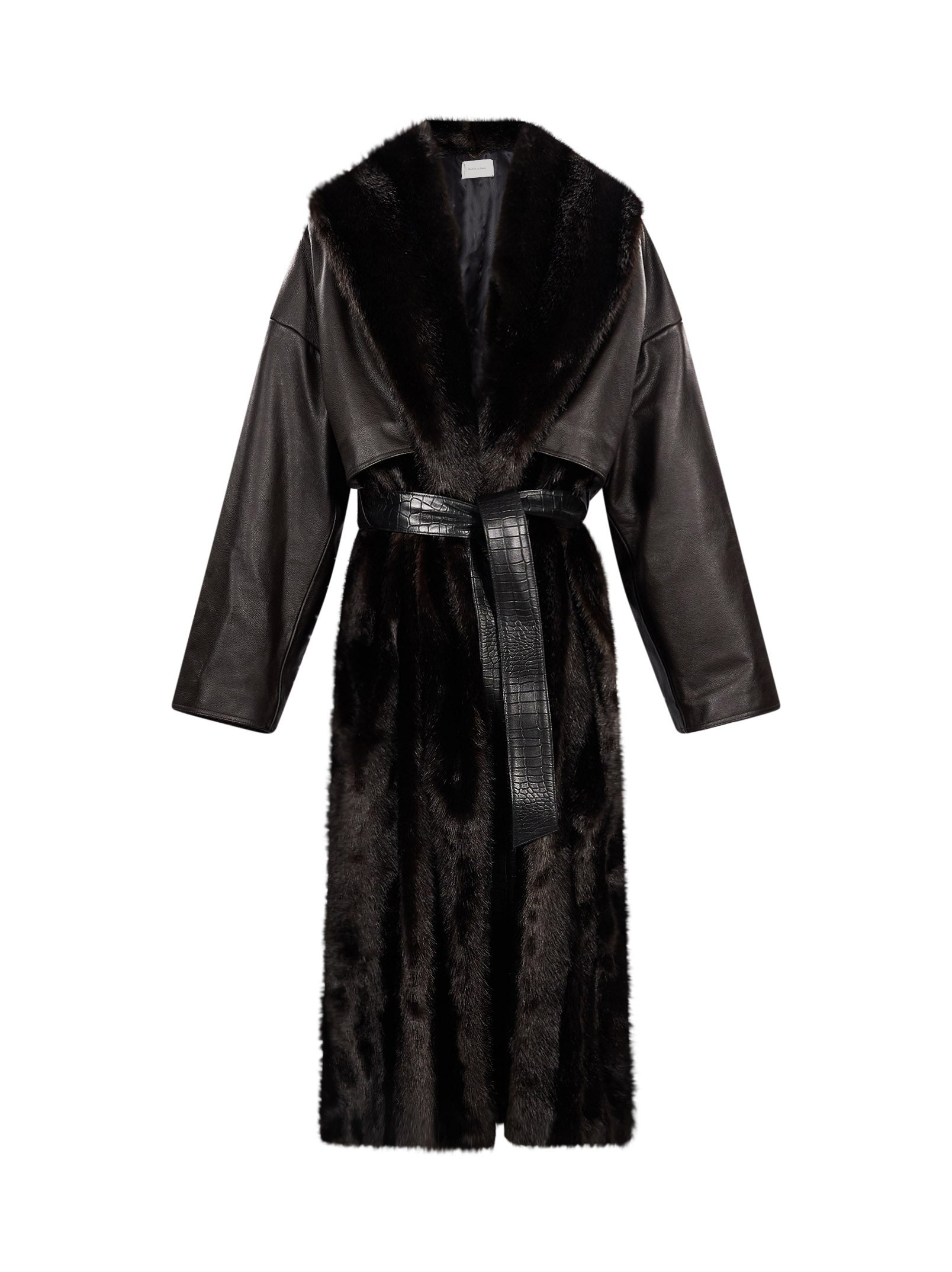 Cappotto in pelle con dettagli in pelliccia in marrone 