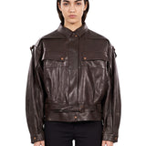 Giacca in pelle con cintura in marrone 
