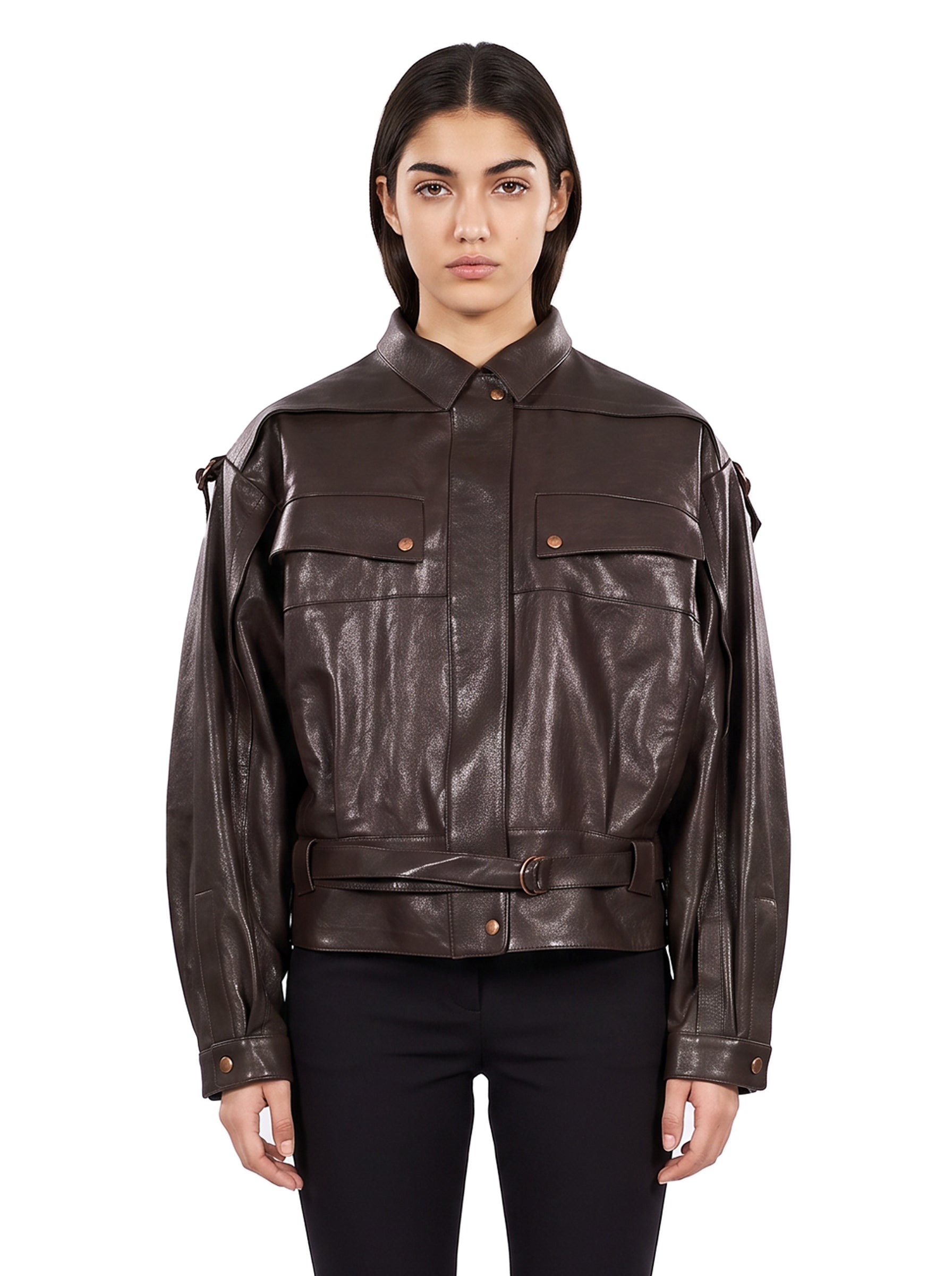 Giacca in pelle con cintura in marrone 