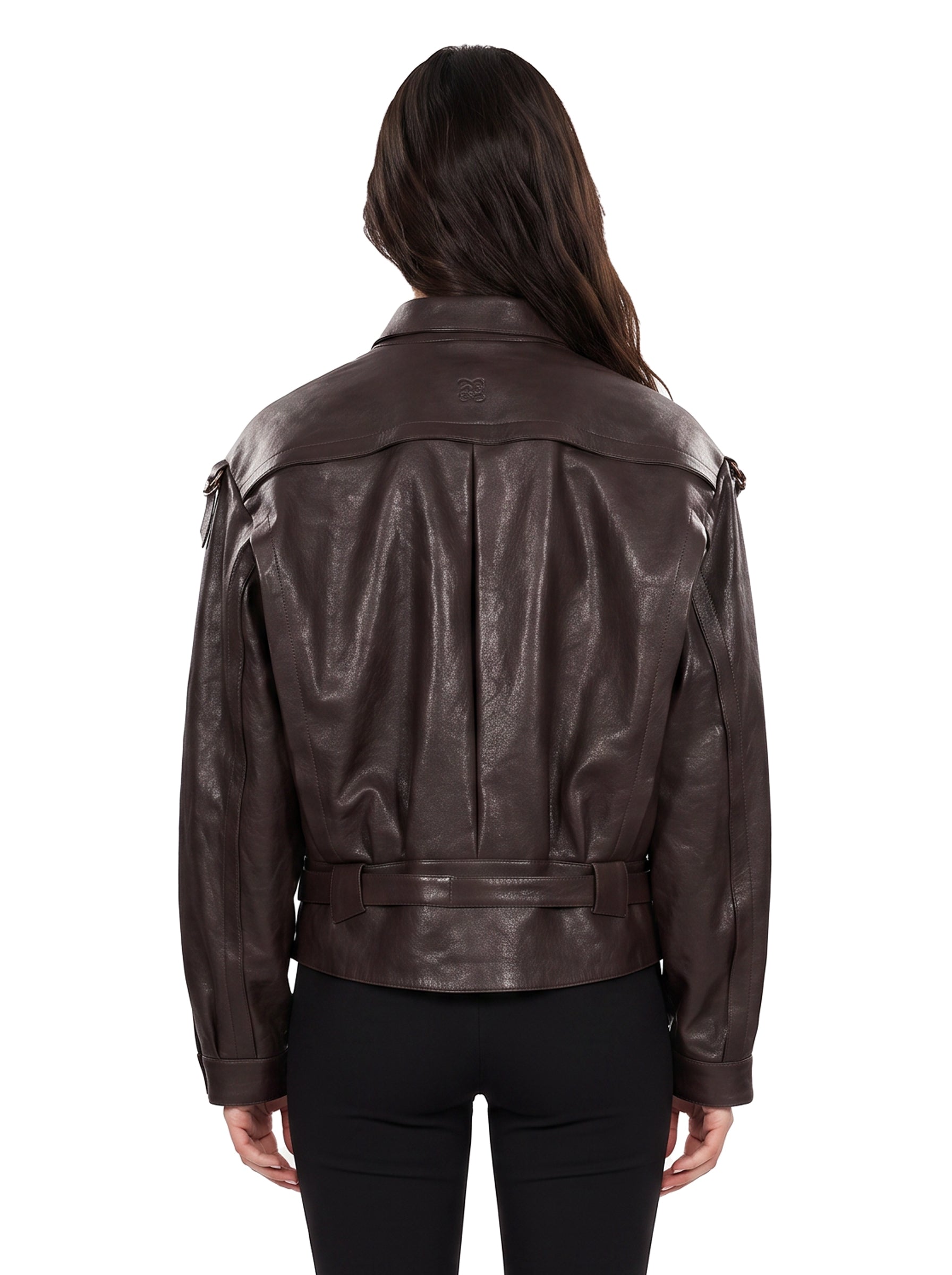 Giacca in pelle con cintura in marrone 