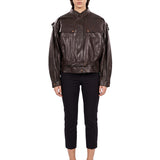 Giacca in pelle con cintura in marrone 