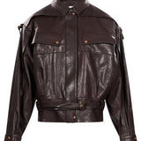 Giacca in pelle con cintura in marrone 