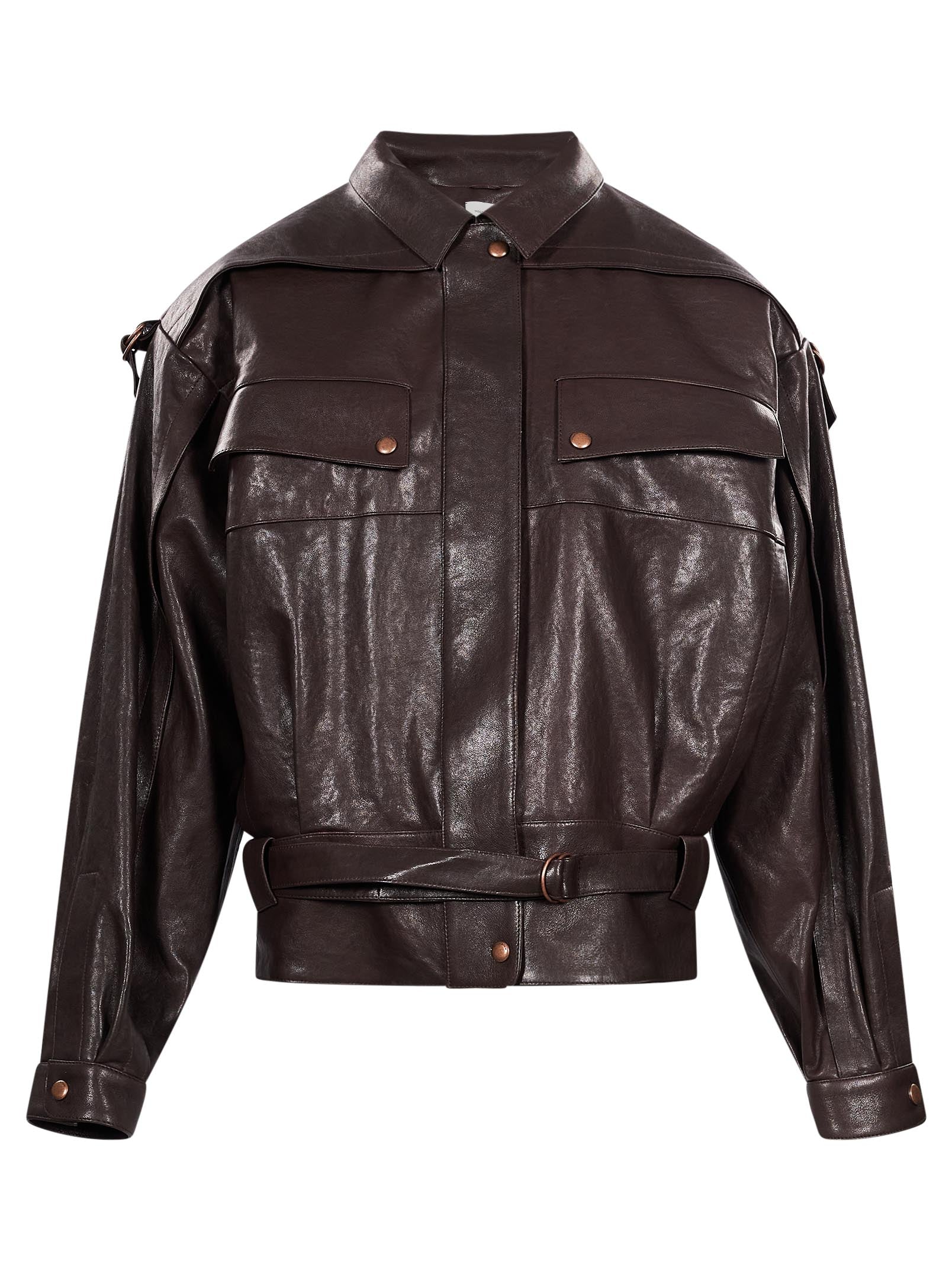 Giacca in pelle con cintura in marrone 