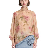 Blusa con motivo floreale a collo alto multicolore 
