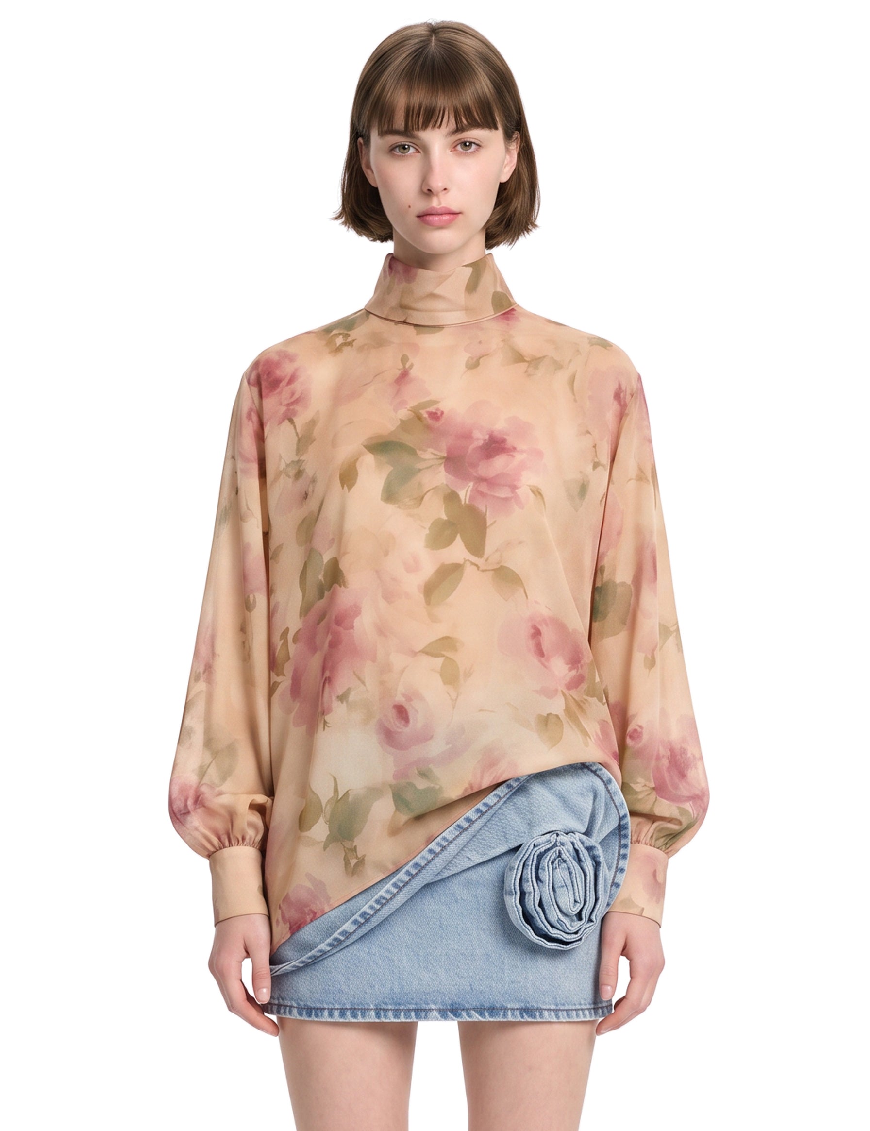 Blusa con motivo floreale a collo alto multicolore 