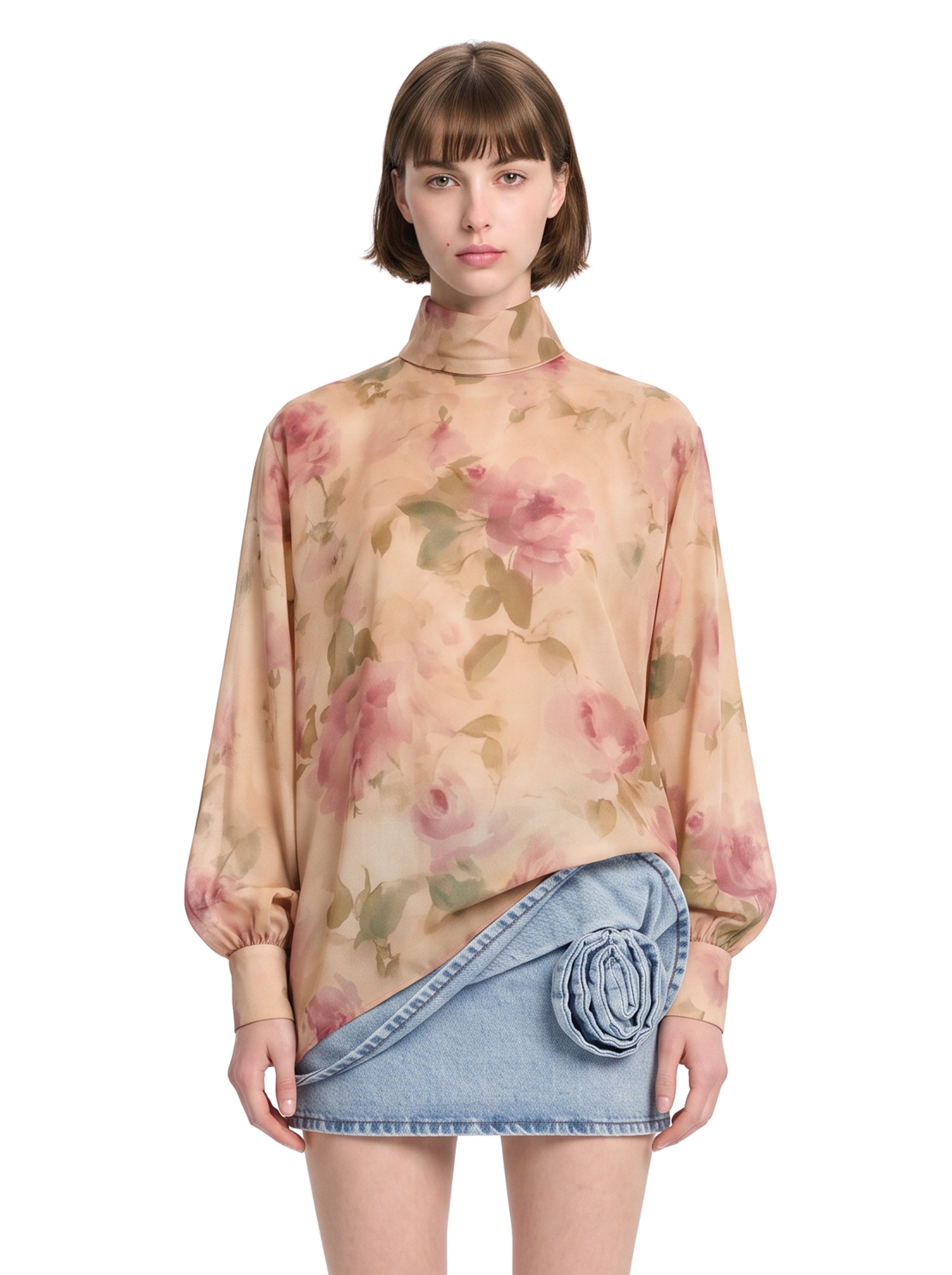 Blusa con motivo floreale a collo alto multicolore 