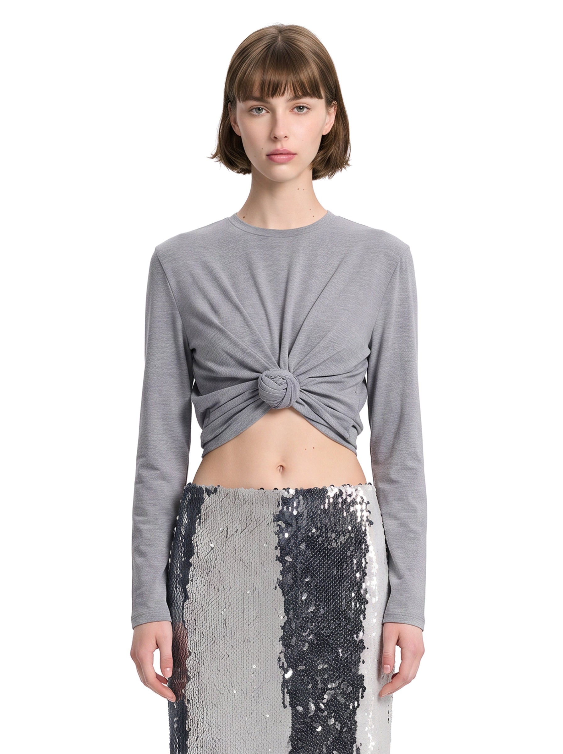Top cropped in jersey di misto cotone in grigio 