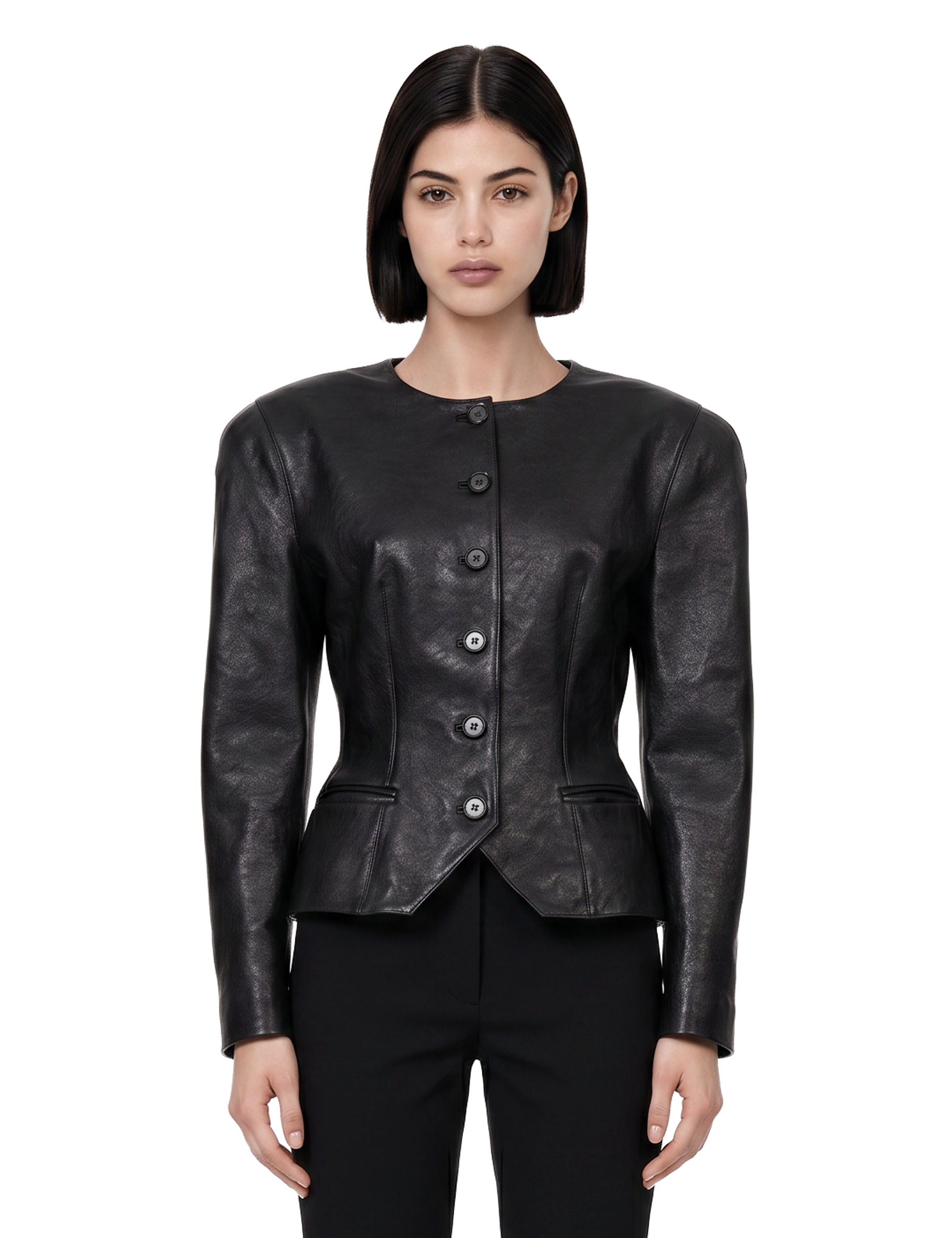 Giacca in pelle con bottoni in nero 