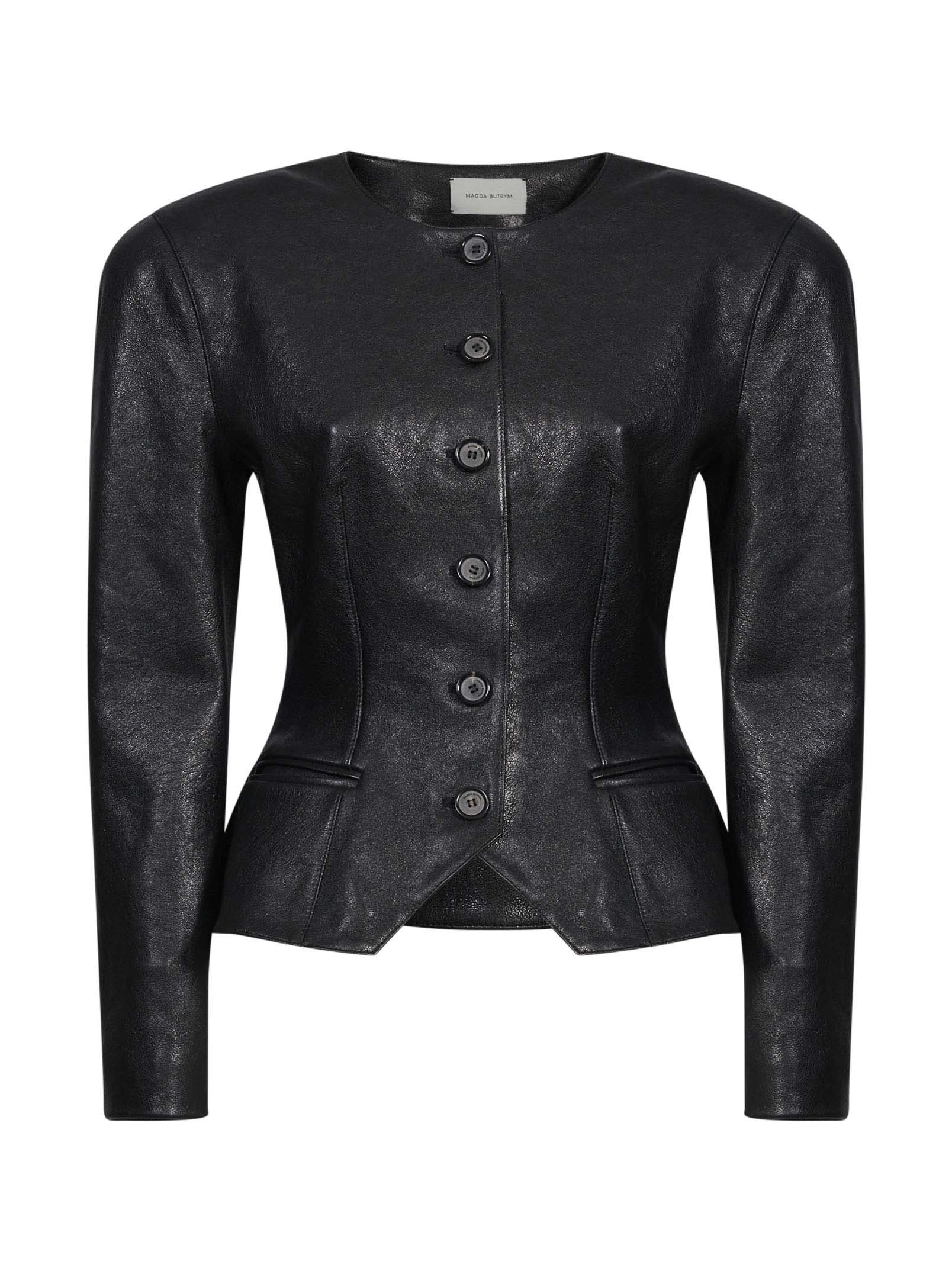 Giacca in pelle con bottoni in nero 