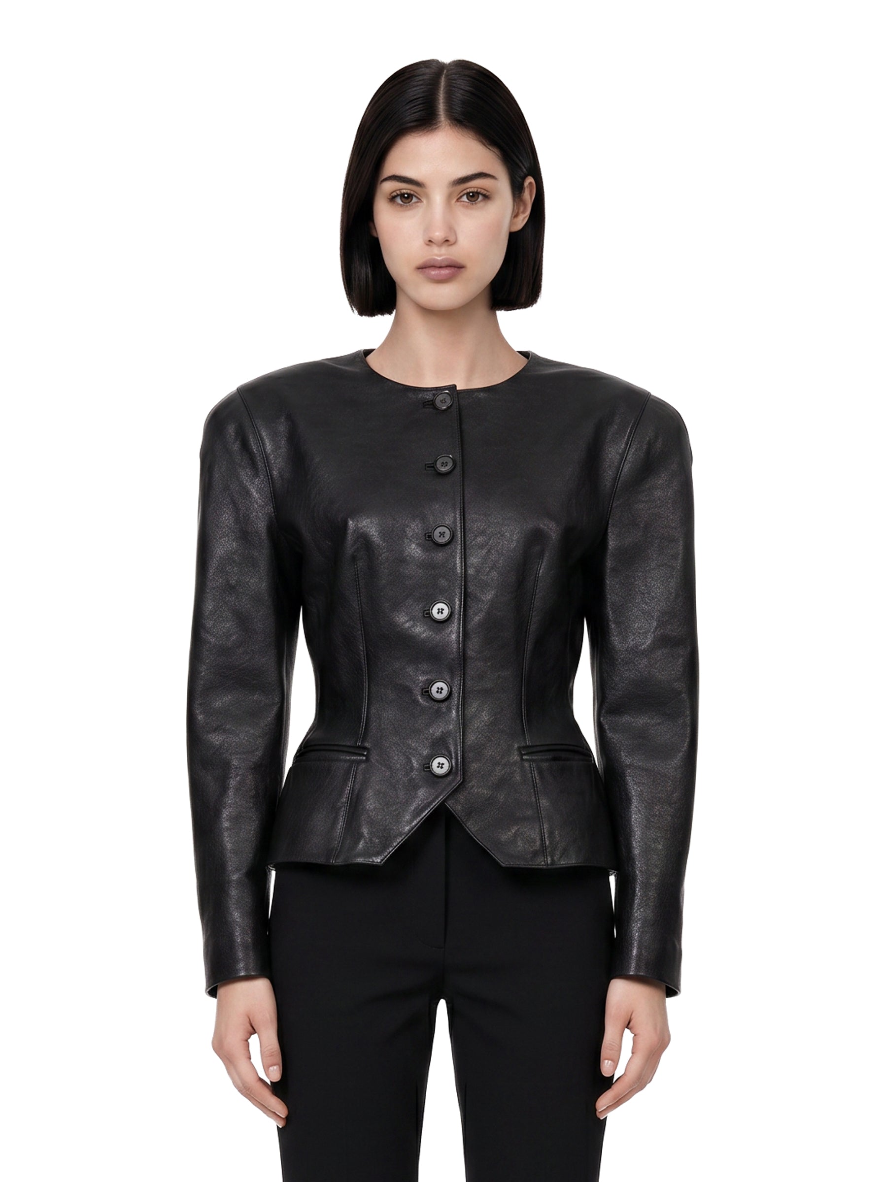 Giacca in pelle con bottoni in nero 