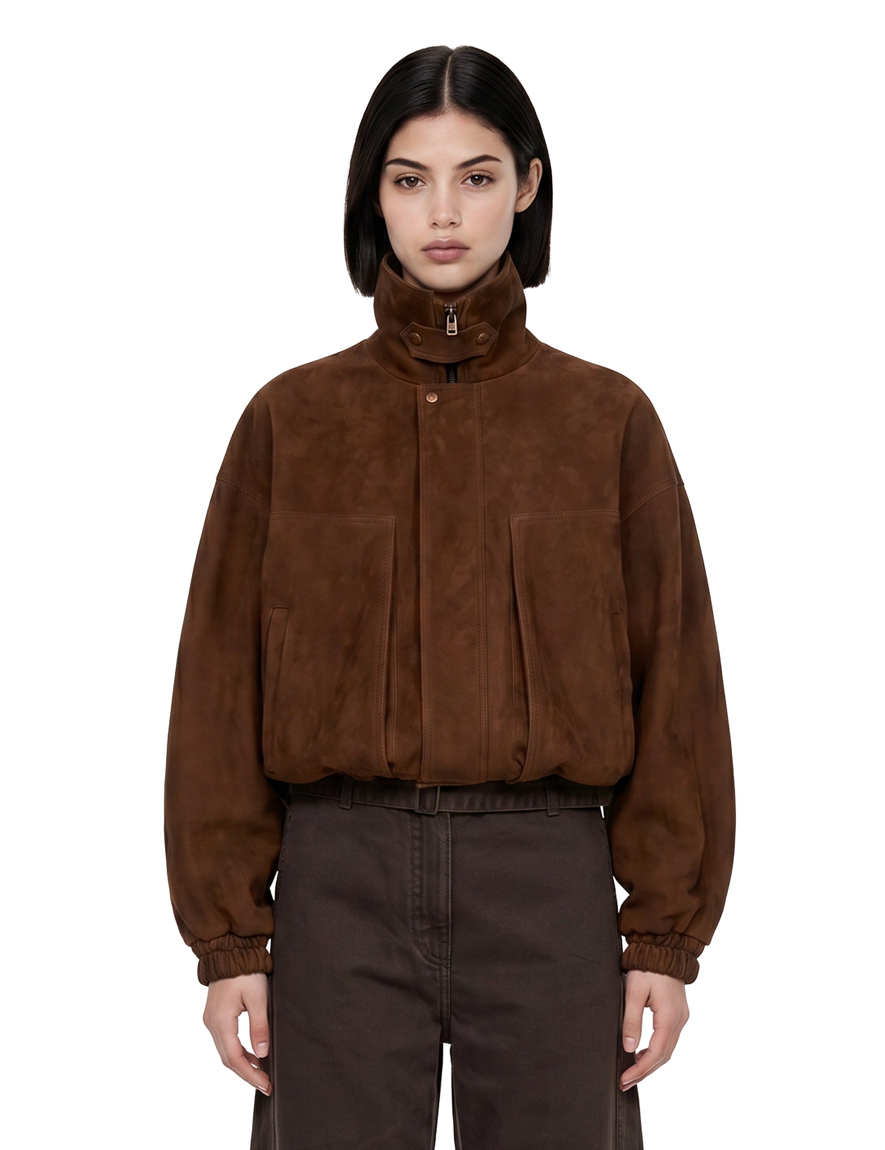 Giacca a collo alto in suede in marrone 