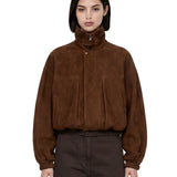 Giacca a collo alto in suede in marrone 