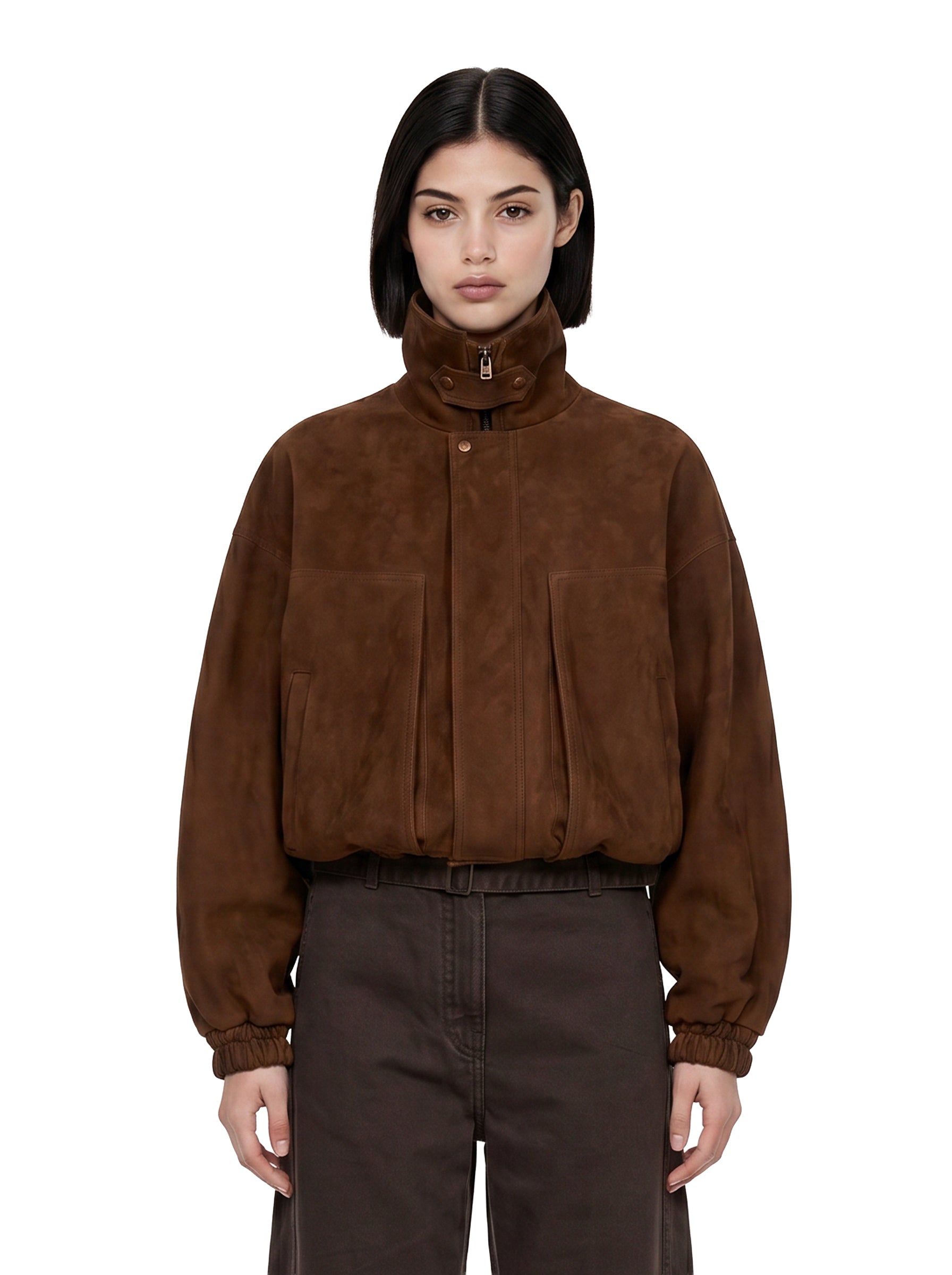 Giacca a collo alto in suede in marrone 