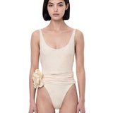 Costume da bagno con ricamo floreale in beige 