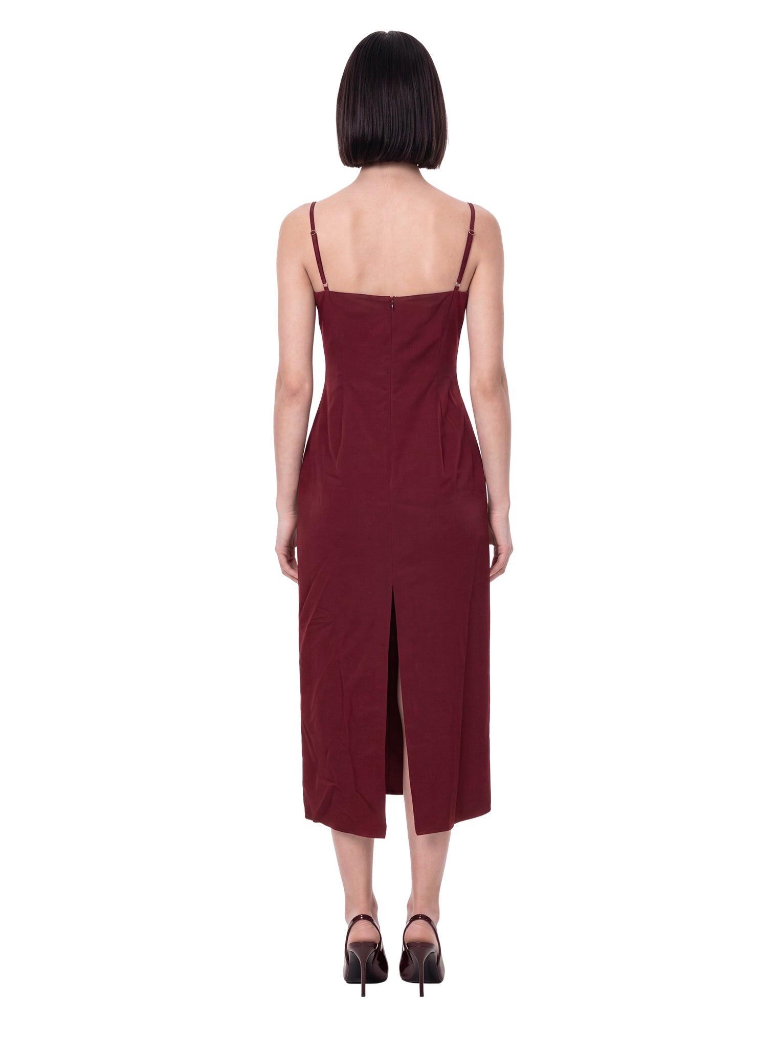 Abito midi con ruches in bordeaux 