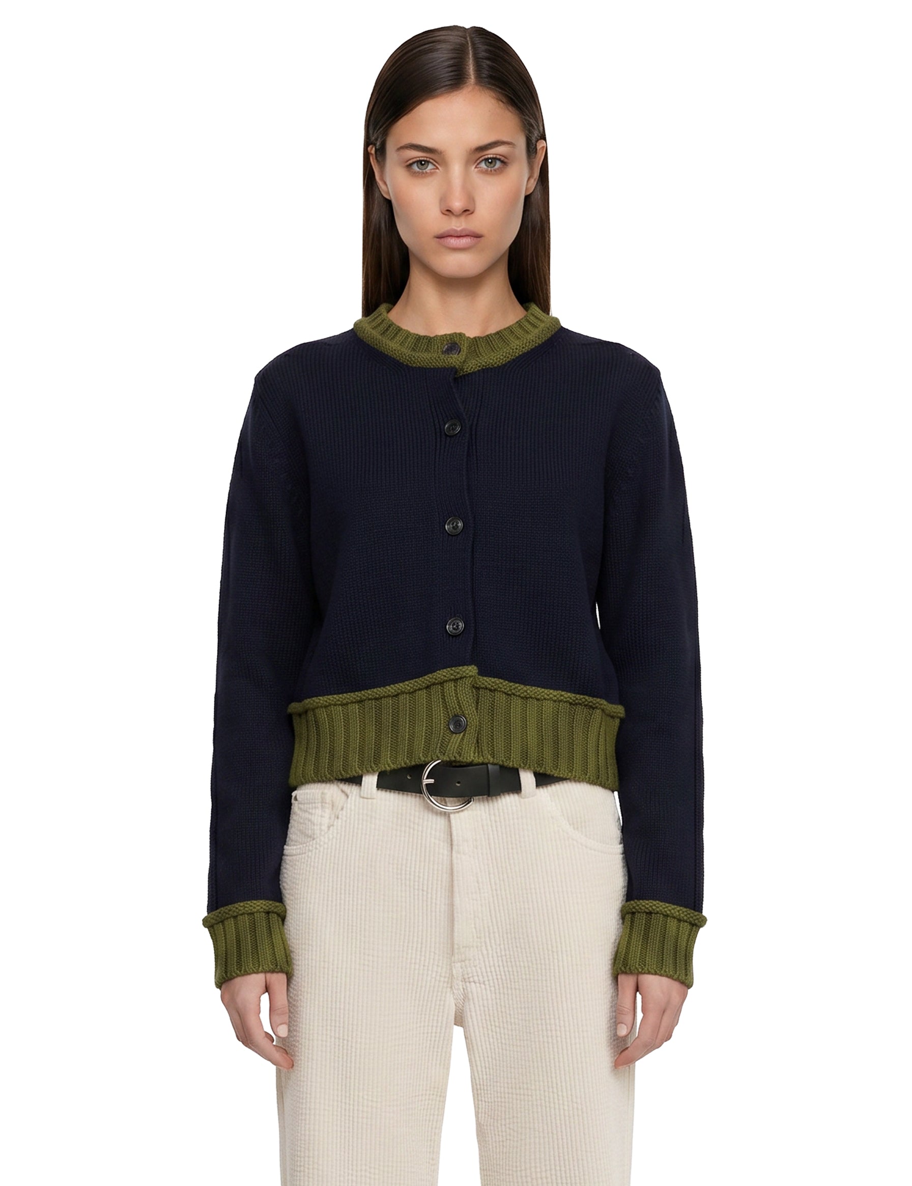 Cardigan con dettagli a contrasto in blu e verde 