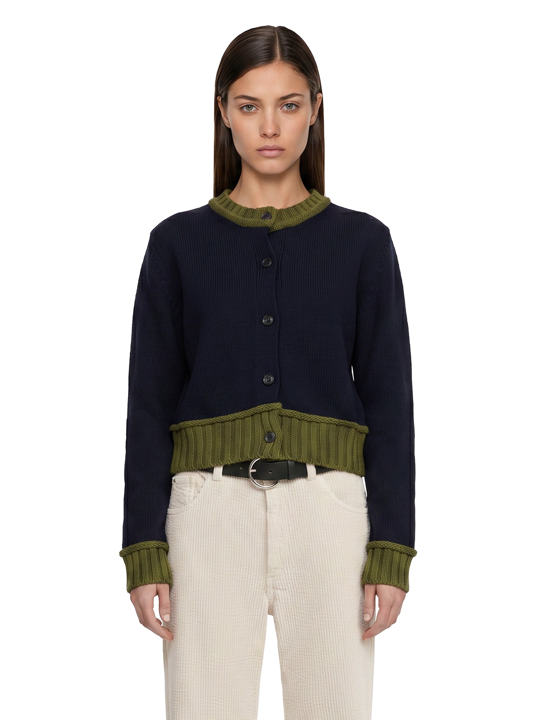 Cardigan con dettagli a contrasto in blu e verde 